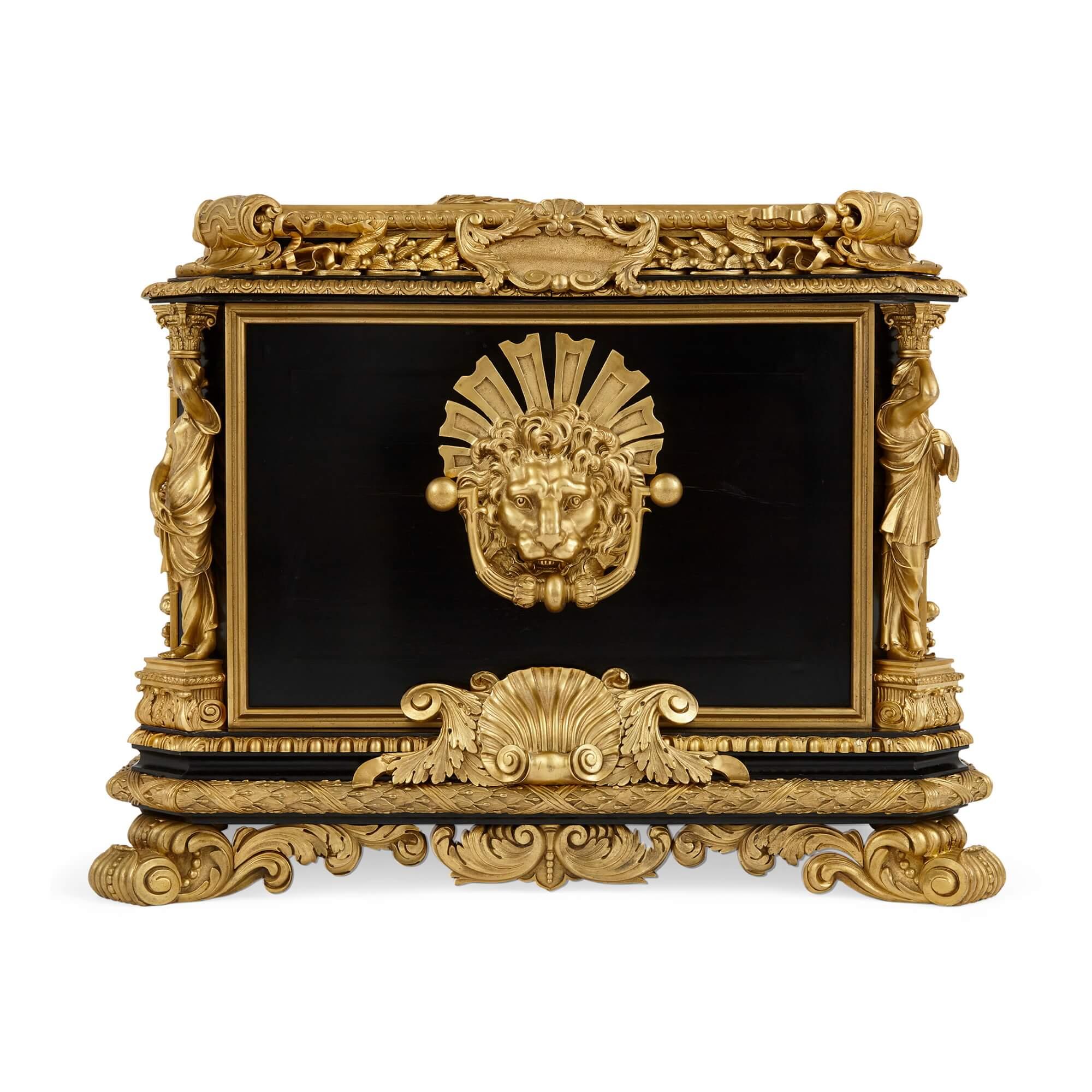 English Magnificent and large ormolu and hardstone Regency period ebonized wooden casket For Sale