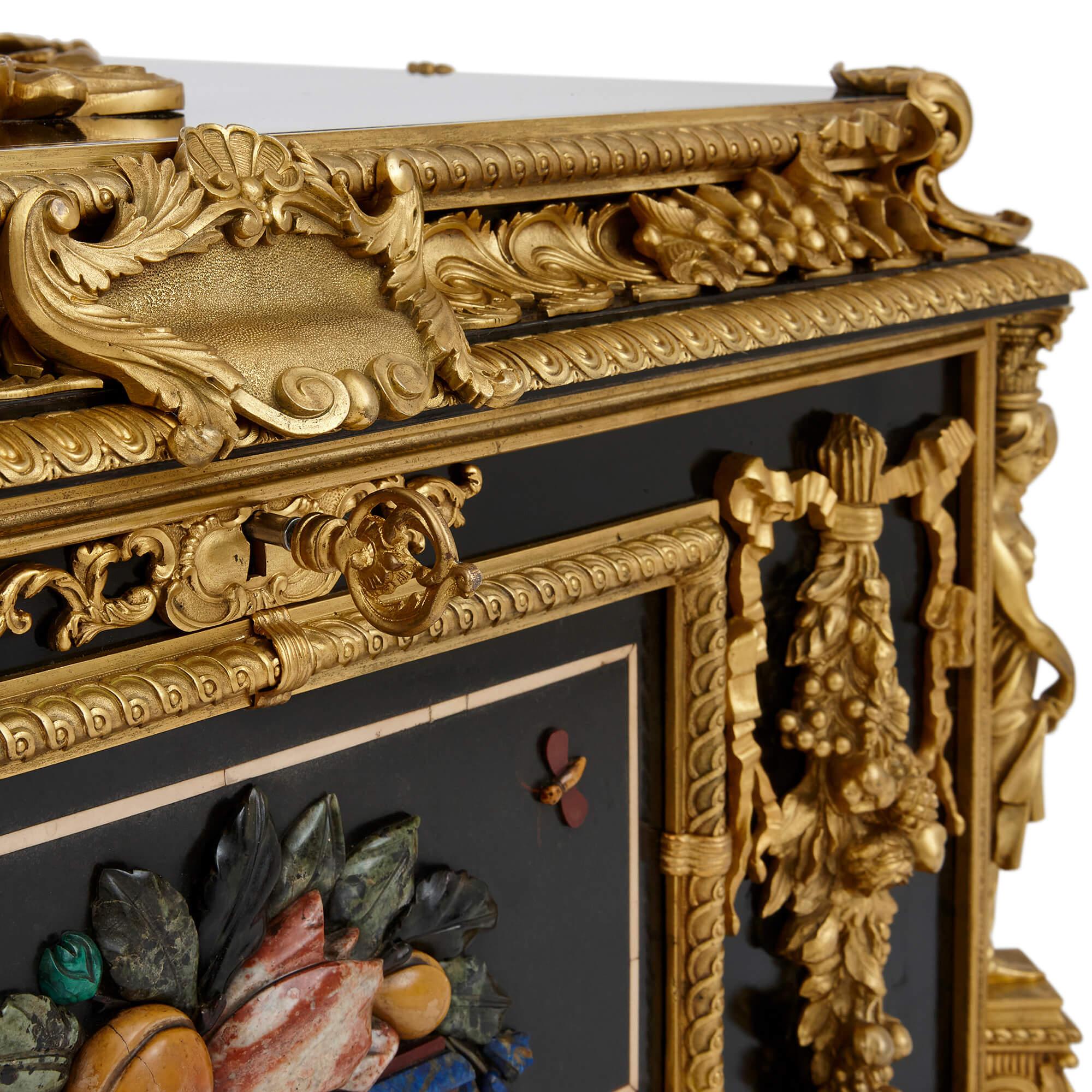 19th Century Magnificent and large ormolu and hardstone Regency period ebonized wooden casket For Sale