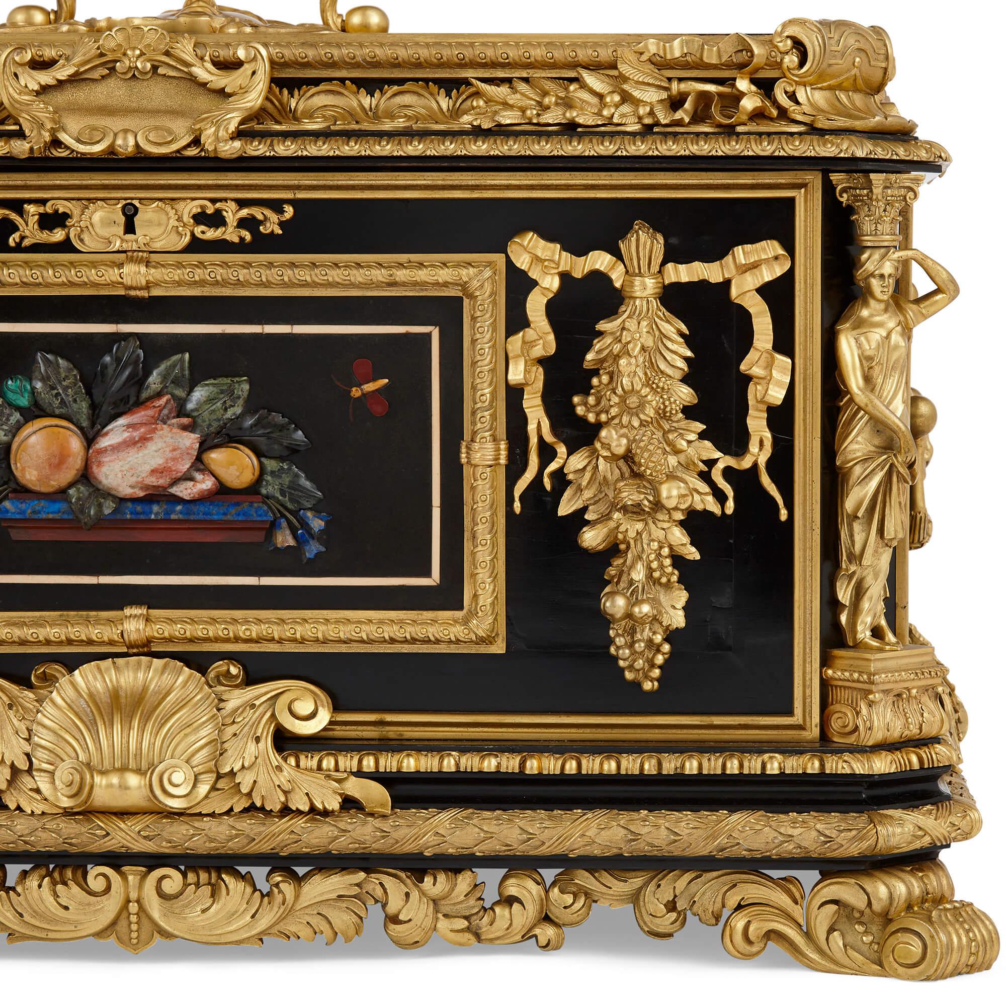 Ormolu Magnificent and large ormolu and hardstone Regency period ebonized wooden casket For Sale