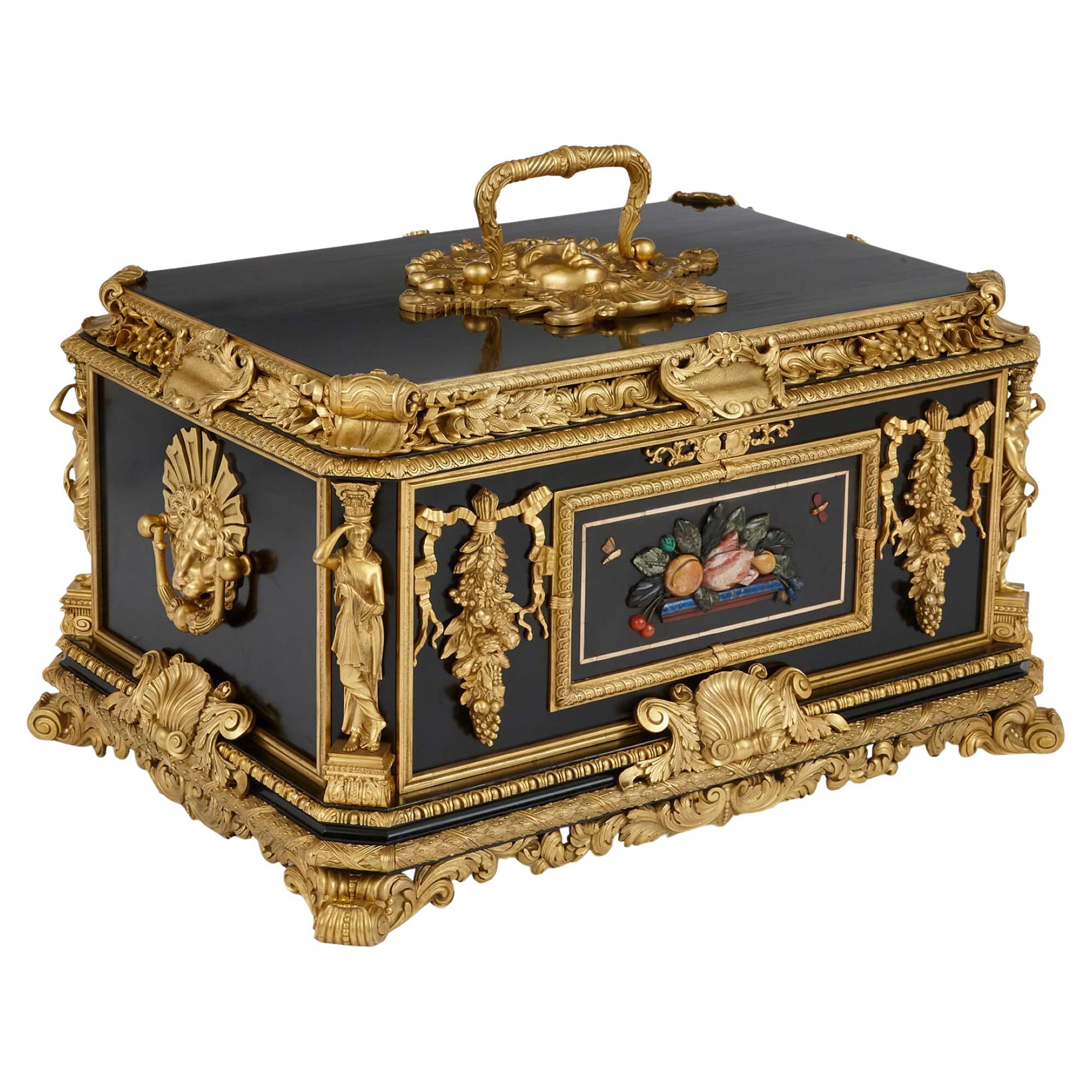 Prächtige und große ebonisierte Holzkiste aus Goldbronze und Hartstein aus der Regency-Periode