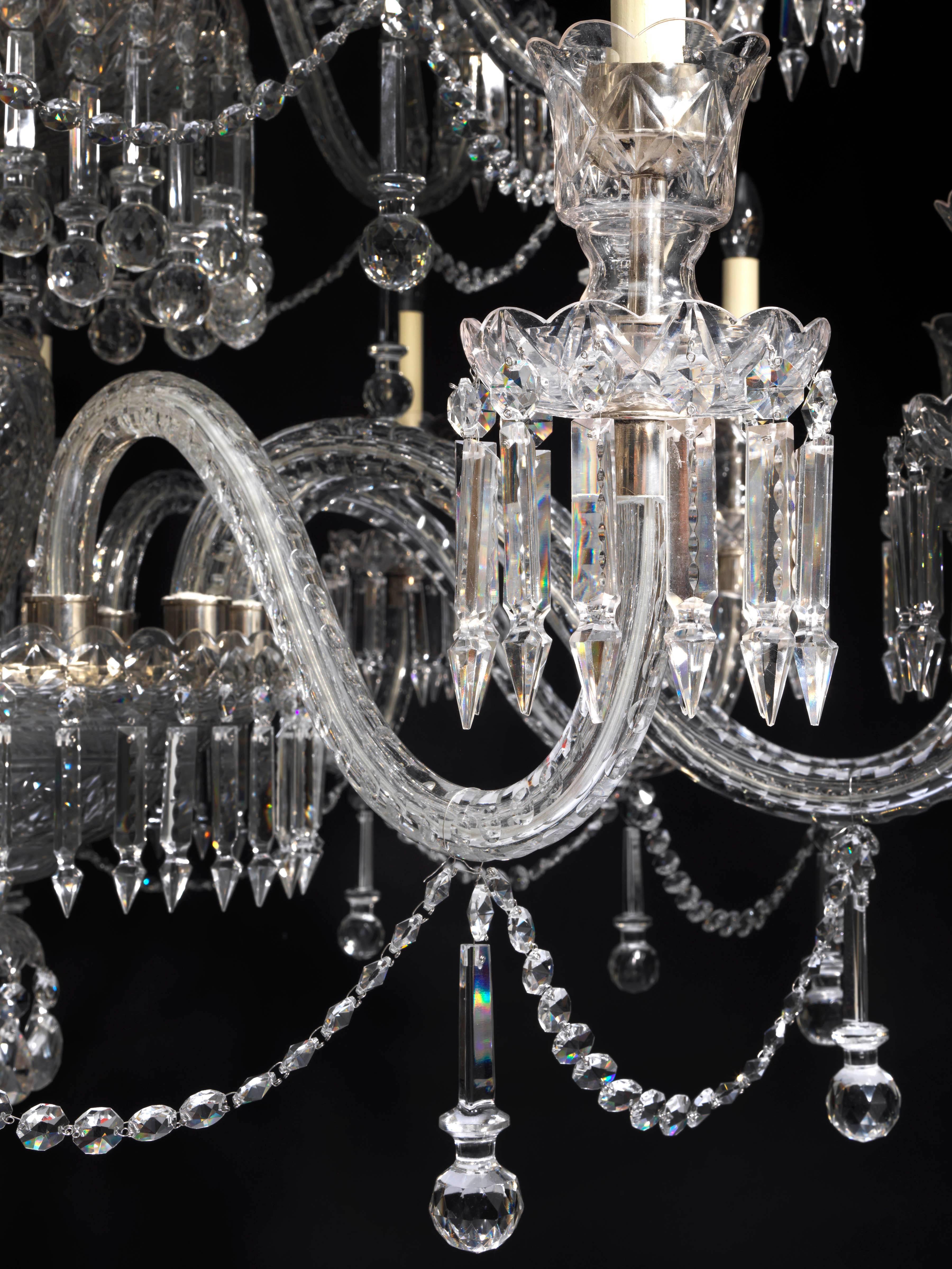 British Twenty-Light Crystal and Cut Glass Chandelier For Sale