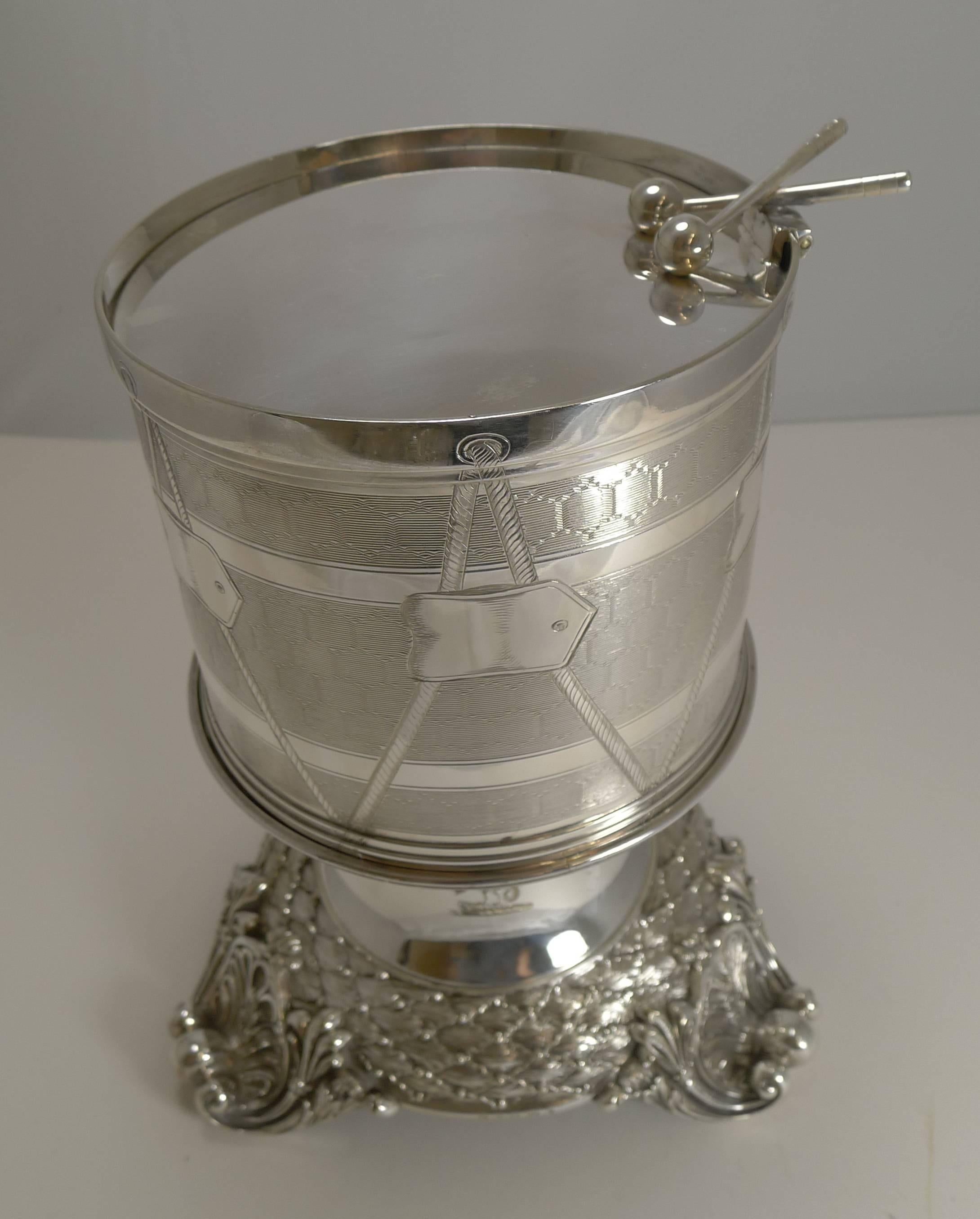 English Magnificent and Rare Early Silver Plated Drum Biscuit Box on Stand, 1844 For Sale