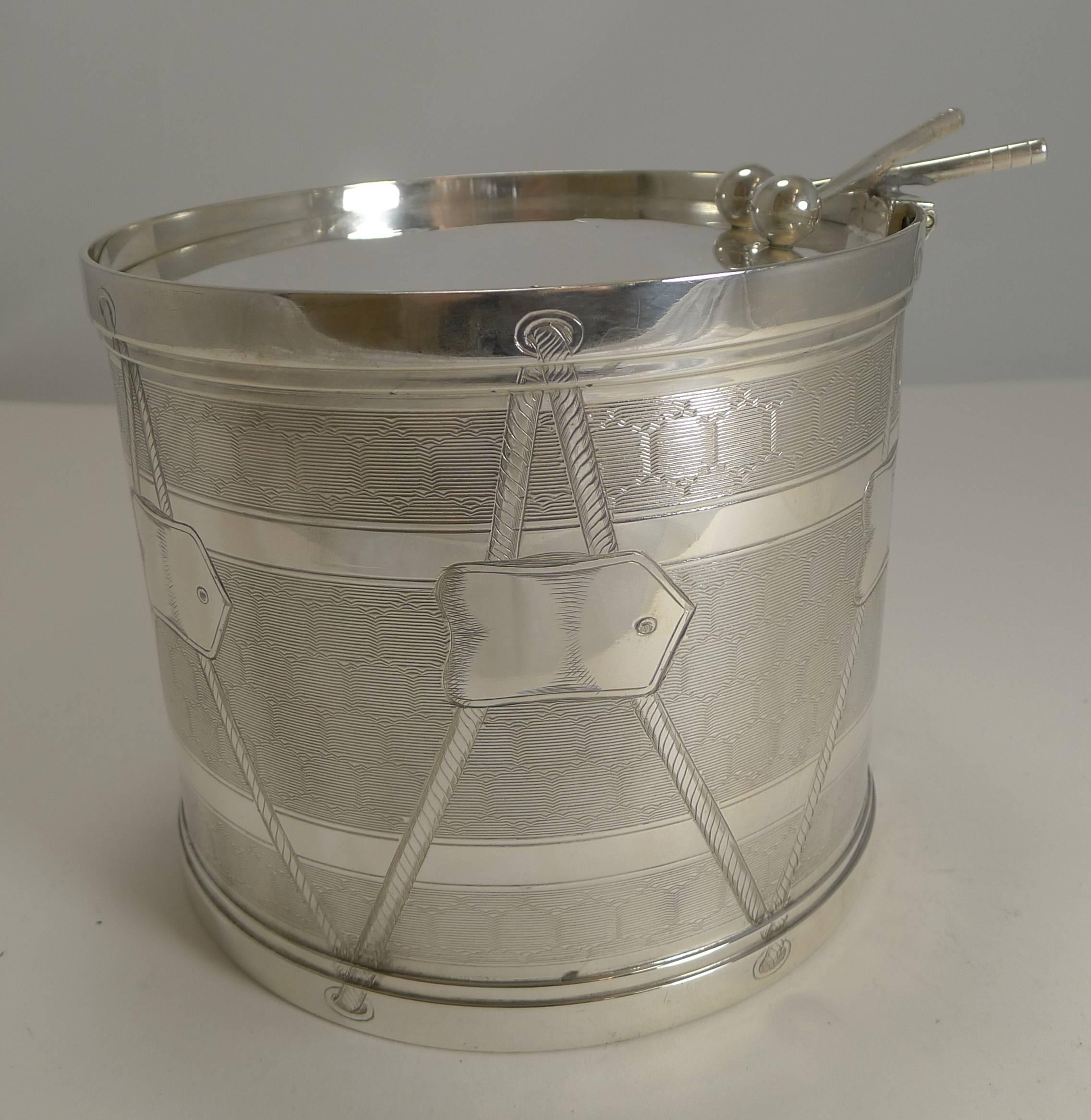 Magnificent and Rare Early Silver Plated Drum Biscuit Box on Stand, 1844 For Sale 1