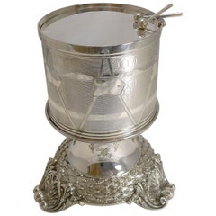 Magnificent and Rare Early Silver Plated Drum Biscuit Box on Stand, 1844