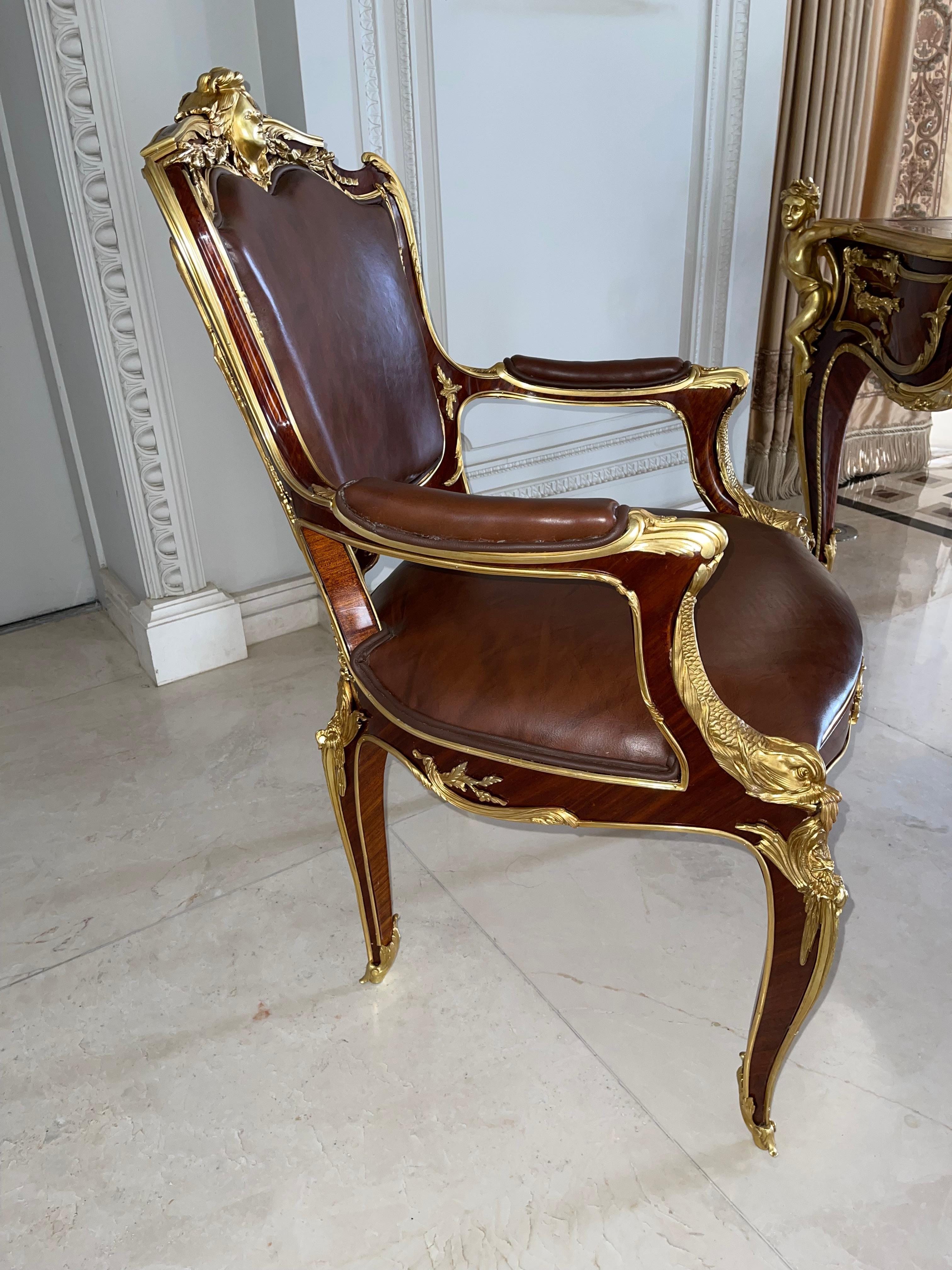 Magnificent and royal armchair after Francois Linke, Paris

A French ormolu-mounted Kingwood Fauteuil De Bureau
by Francois Linke, I
The cartouche-shaped back with rocaille-pedimented top rail centred by a female mask wreathed in ribbon-tied oak