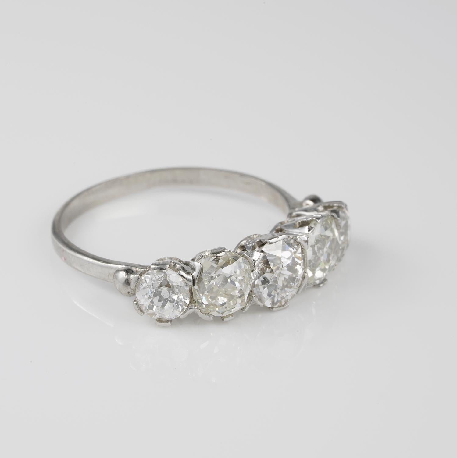 
Breathtaking Diamond Five Stone!

An amazing example of Edwardian five stone Diamond ring!
Comes to us in all its splendour, hand crafted of solid 18 Kt white gold – not marked as for age
The ring features an array of old mine cut Diamonds very,