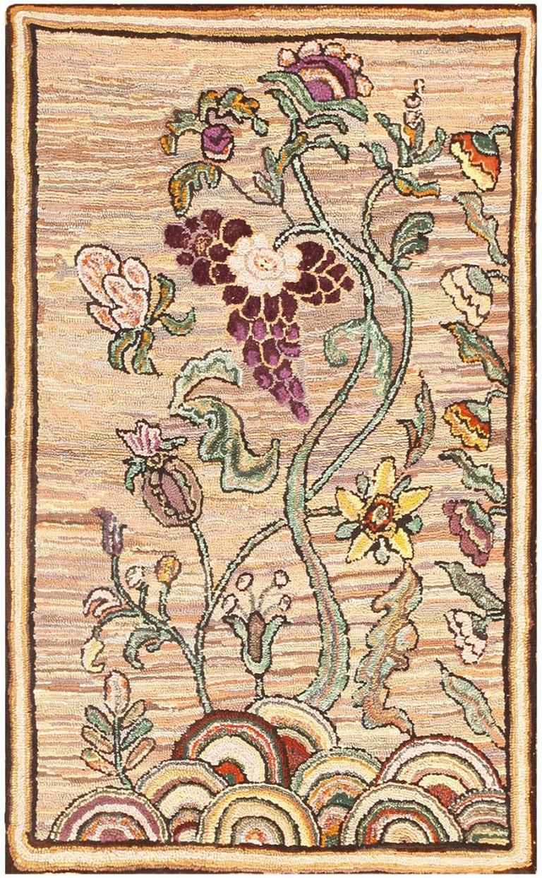 A Magnificent Antique America Flower Pattern Hooked Rug, Country Of The Rug’s Origin: United States Of America, Circa/ Approximate Weaving Date: 1920
