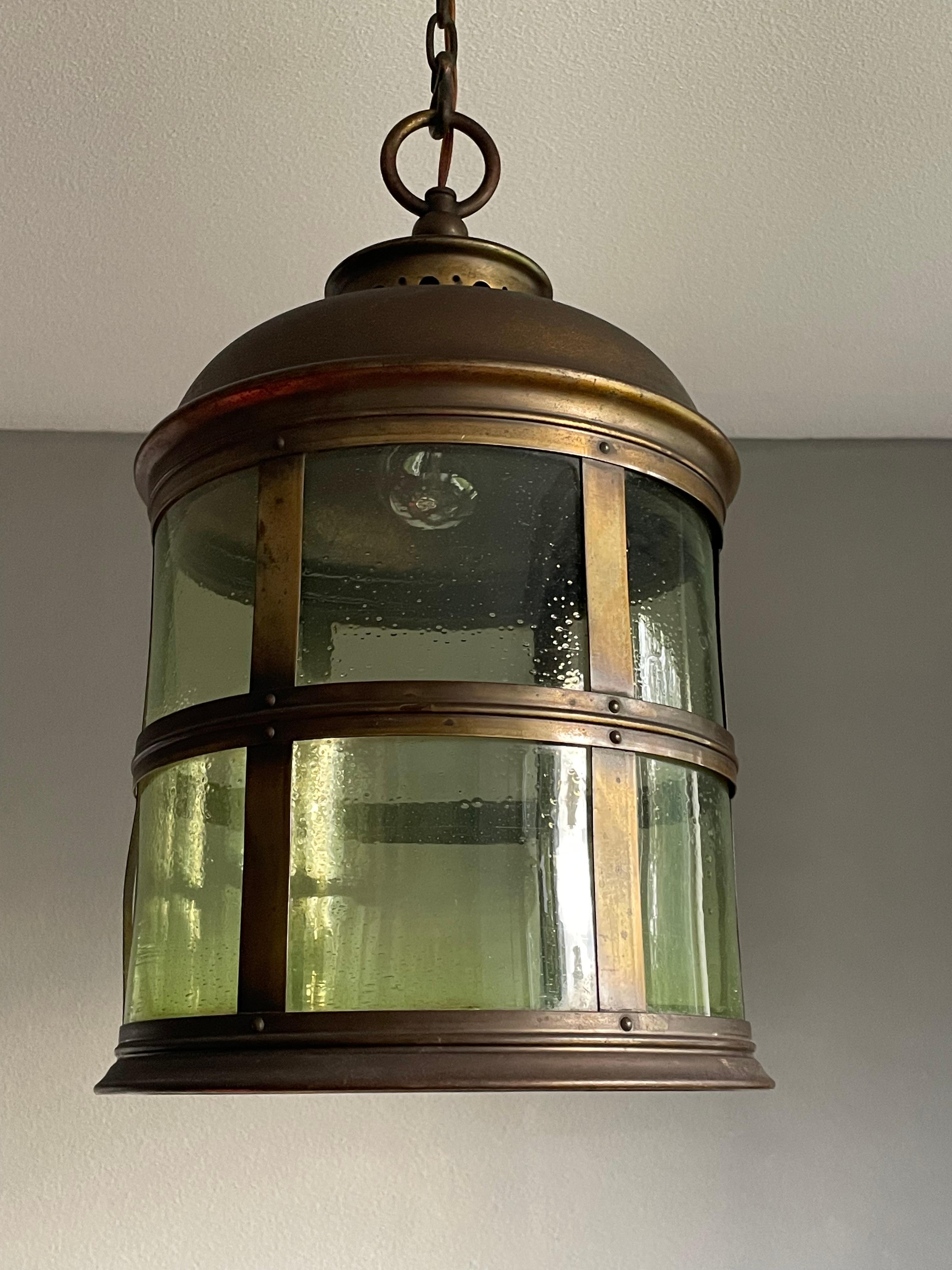 Magnificent Antique Arts & Crafts Brass & Art Glass Hall Lantern / Pendant Light For Sale 4
