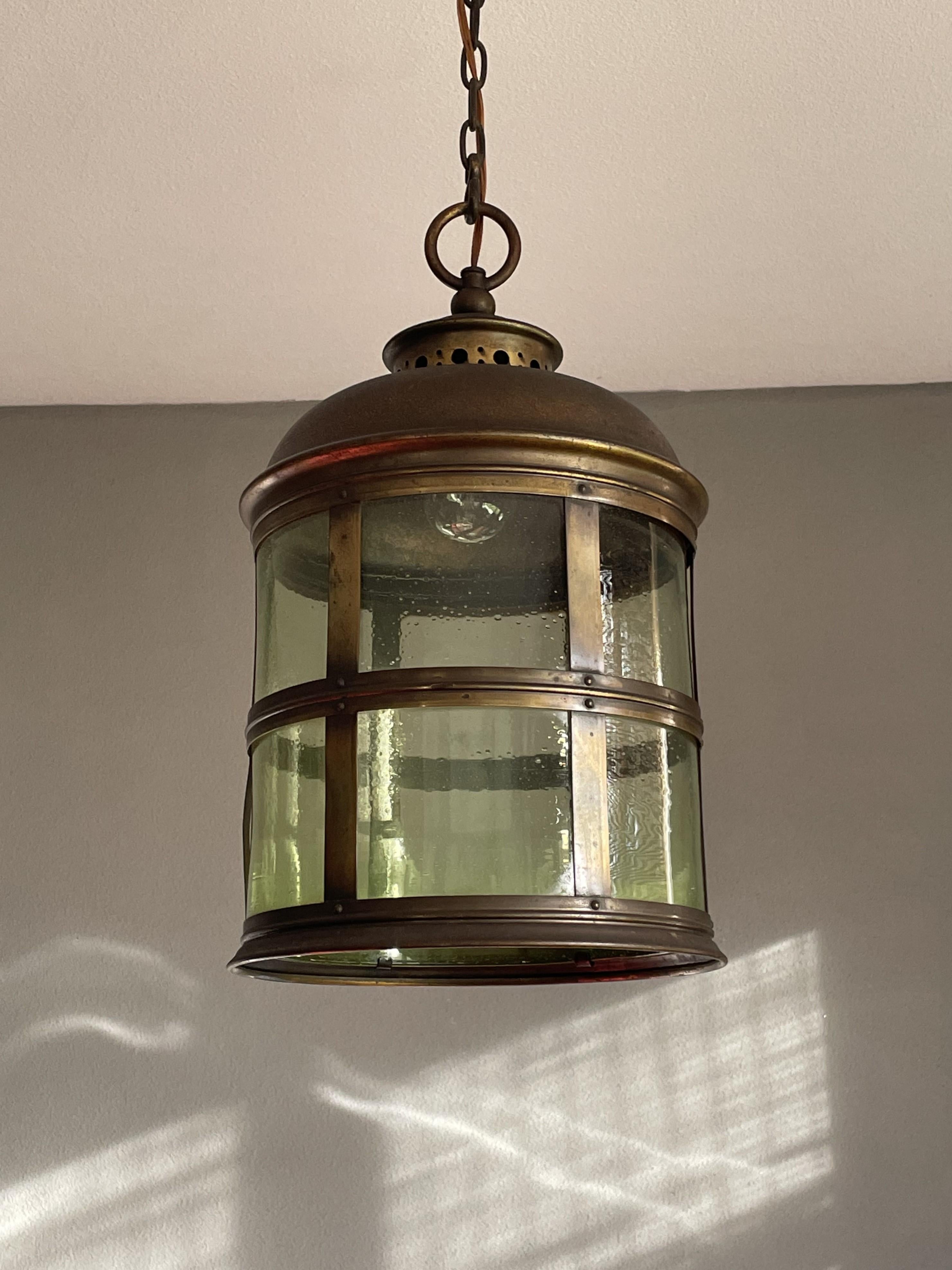 Magnificent Antique Arts & Crafts Brass & Art Glass Hall Lantern / Pendant Light For Sale 6