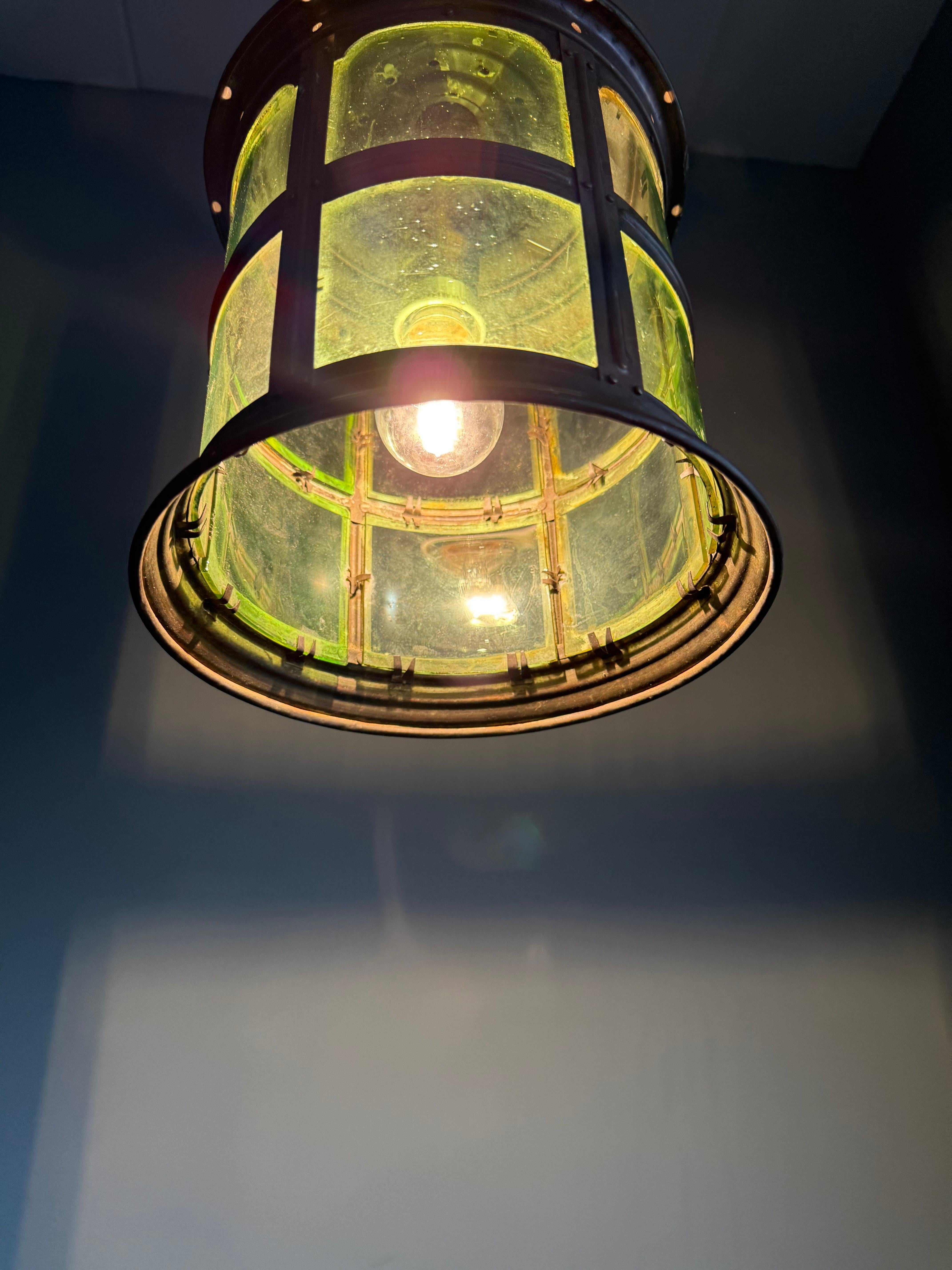 Magnificent Dutch Arts & Crafts Brass & Round Glass Hall Lantern / Pendant Light For Sale 7