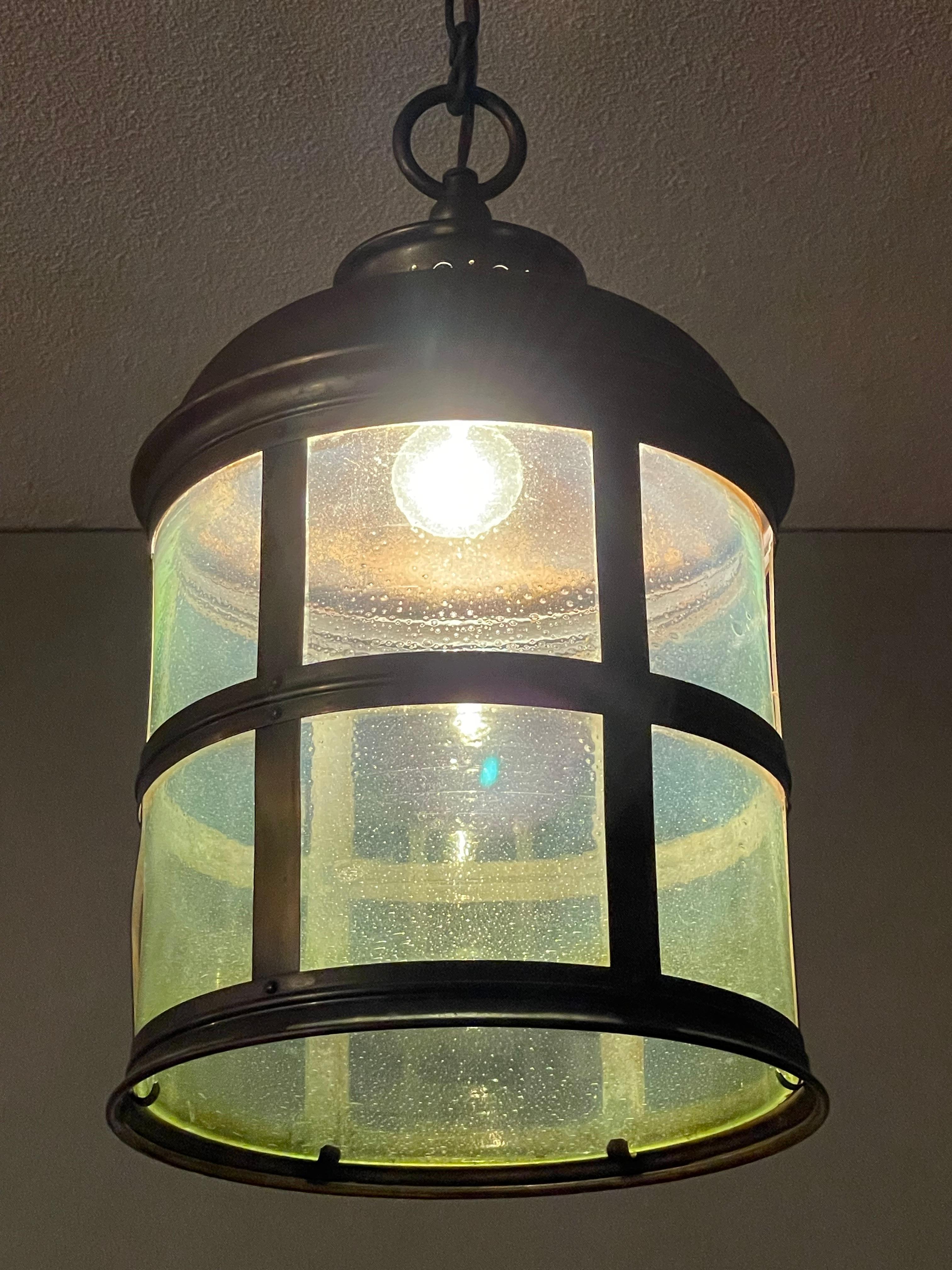 Magnificent Antique Arts & Crafts Brass & Art Glass Hall Lantern / Pendant Light For Sale 7