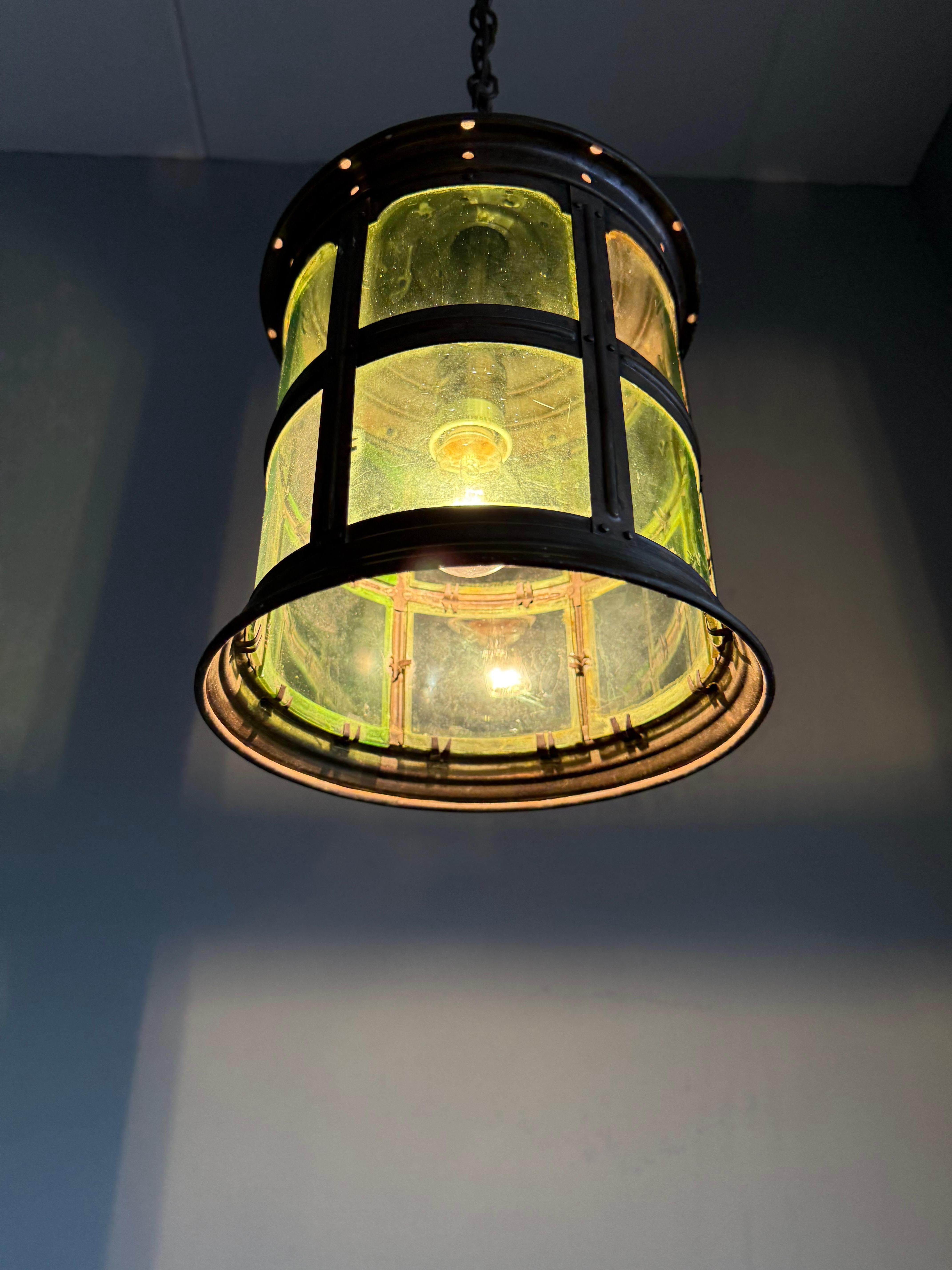 Magnificent Dutch Arts & Crafts Brass & Round Glass Hall Lantern / Pendant Light For Sale 9