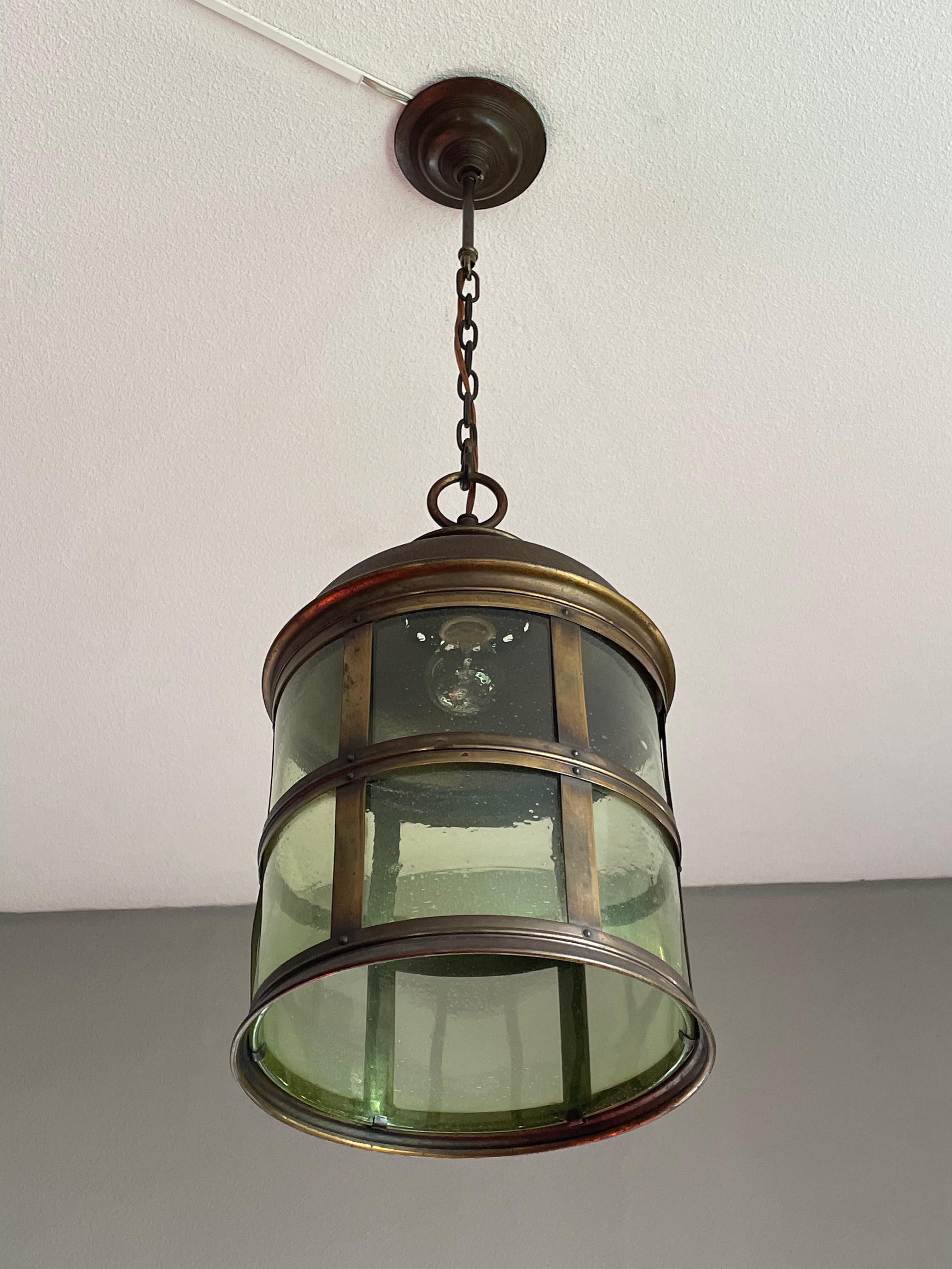Magnificent Antique Arts & Crafts Brass & Art Glass Hall Lantern / Pendant Light For Sale 9