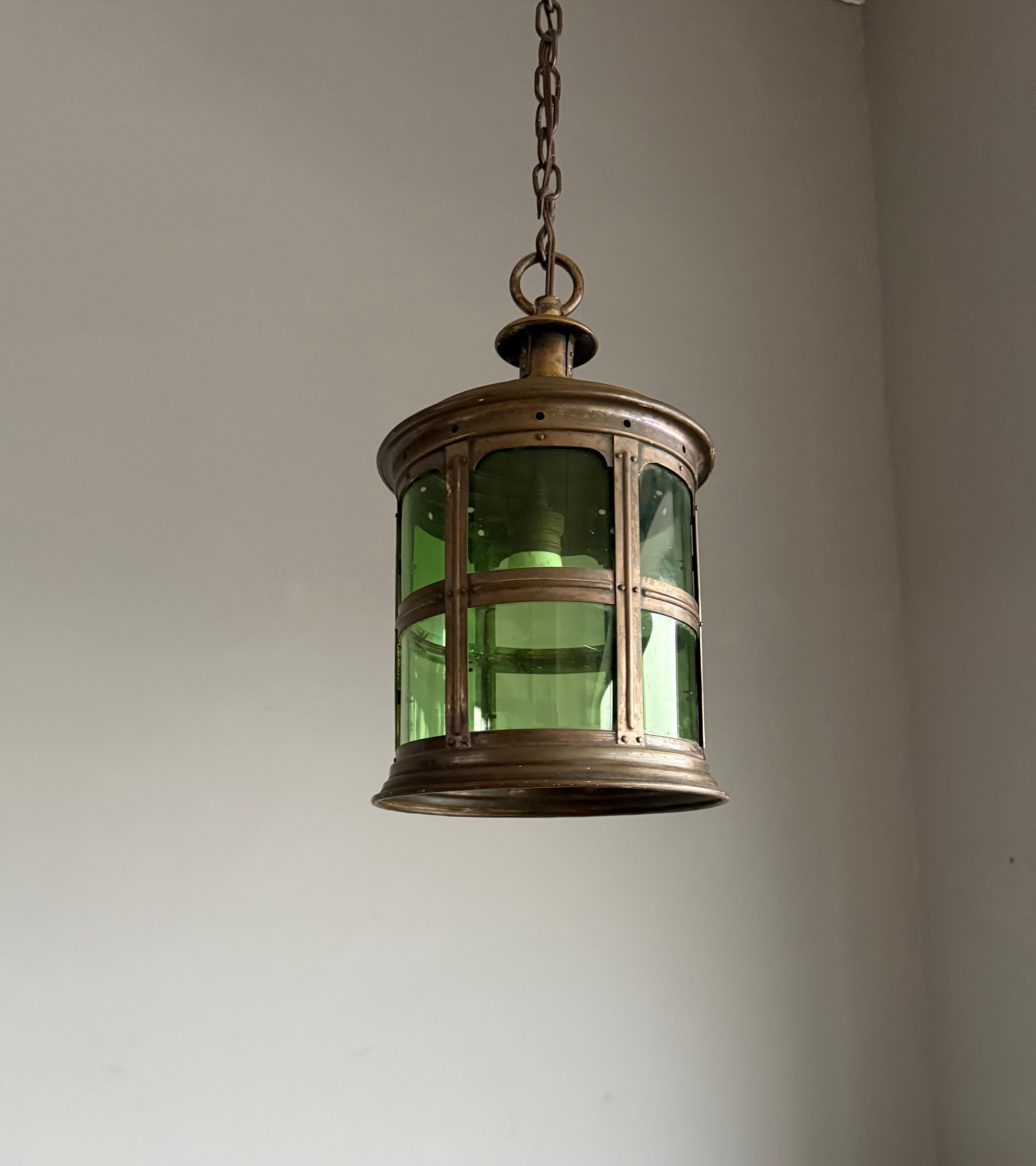 Magnificent Dutch Arts & Crafts Brass & Round Glass Hall Lantern / Pendant Light For Sale 10