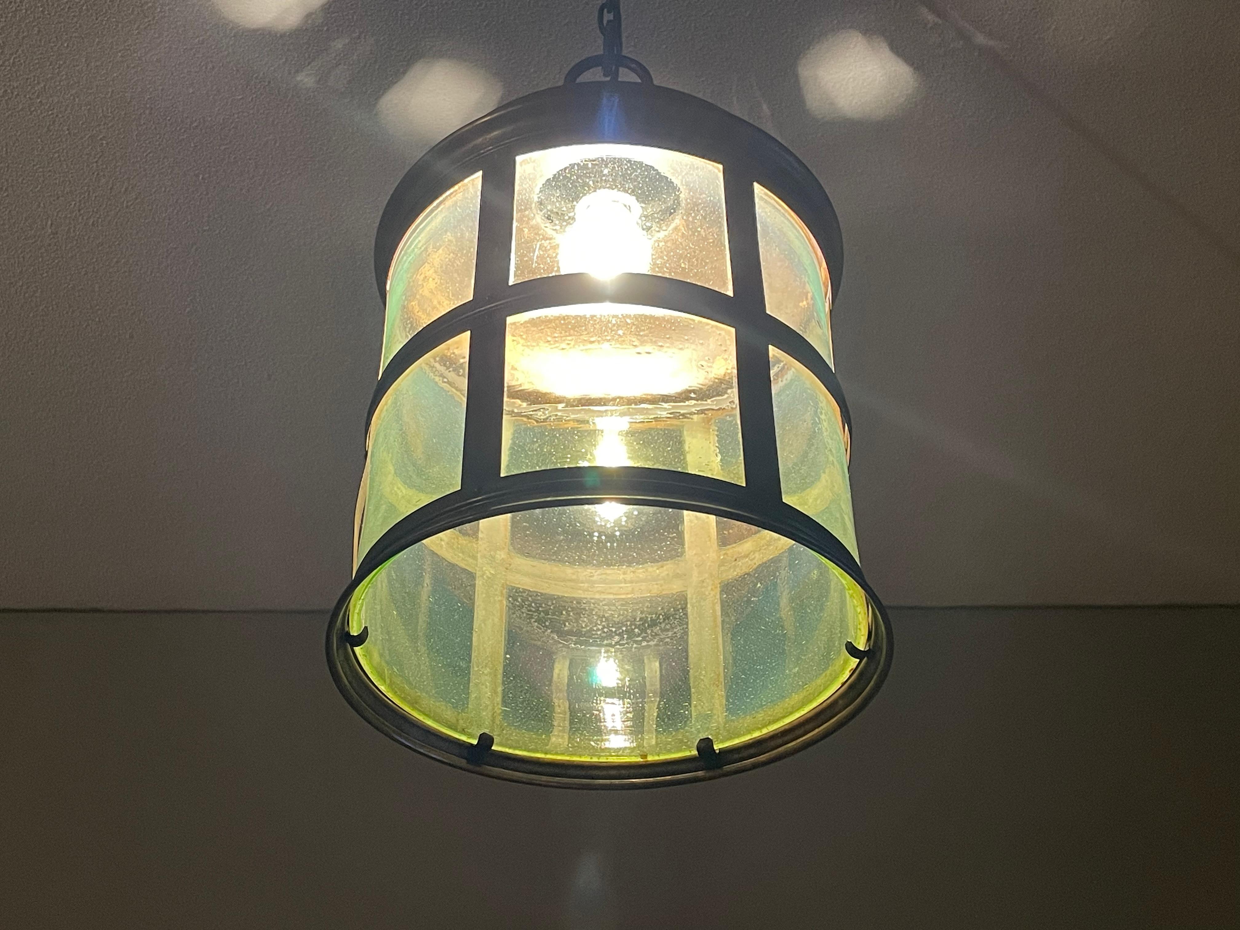 Magnificent Antique Arts & Crafts Brass & Art Glass Hall Lantern / Pendant Light For Sale 10