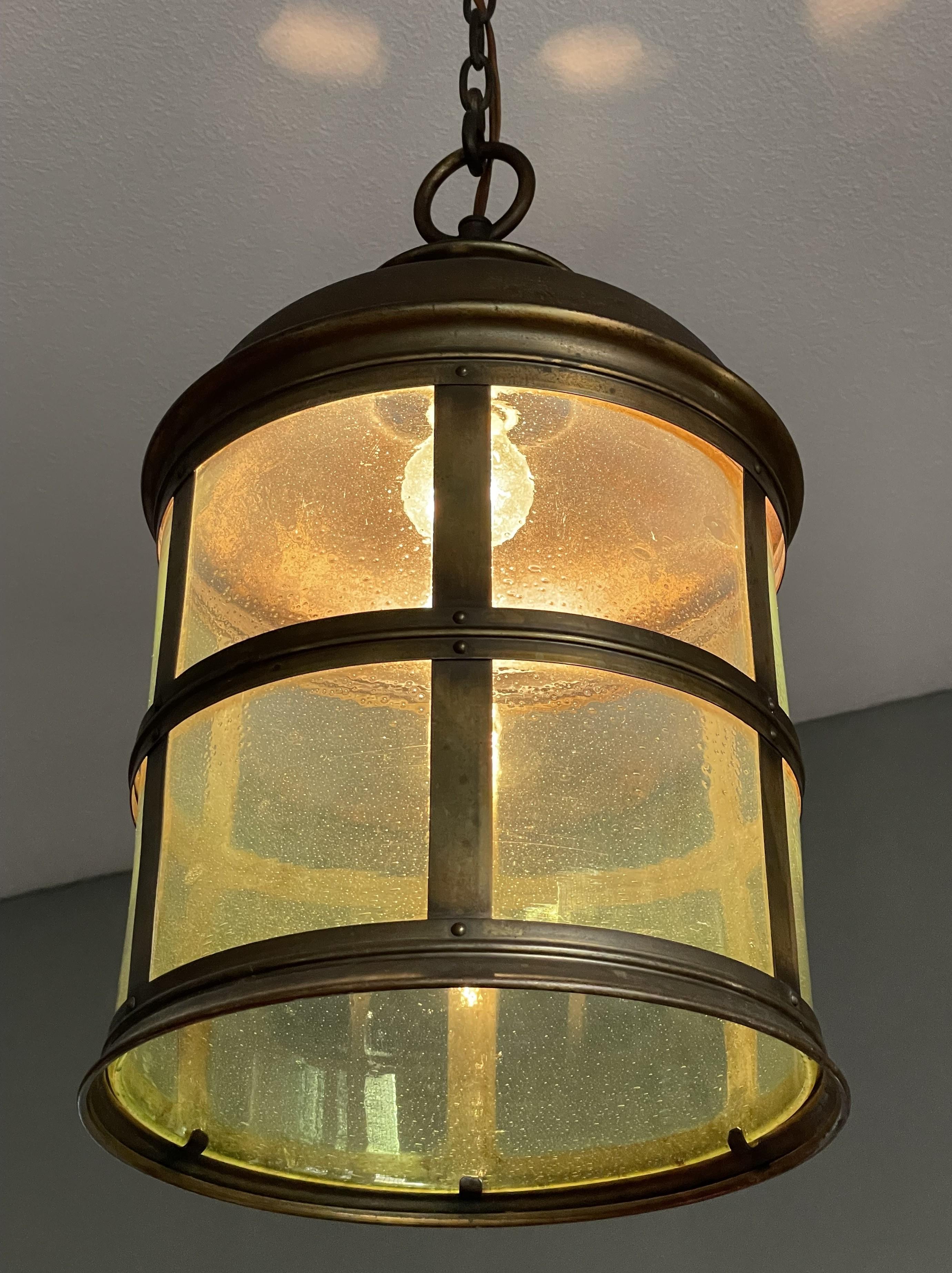 Magnificent Antique Arts & Crafts Brass & Art Glass Hall Lantern / Pendant Light For Sale 11