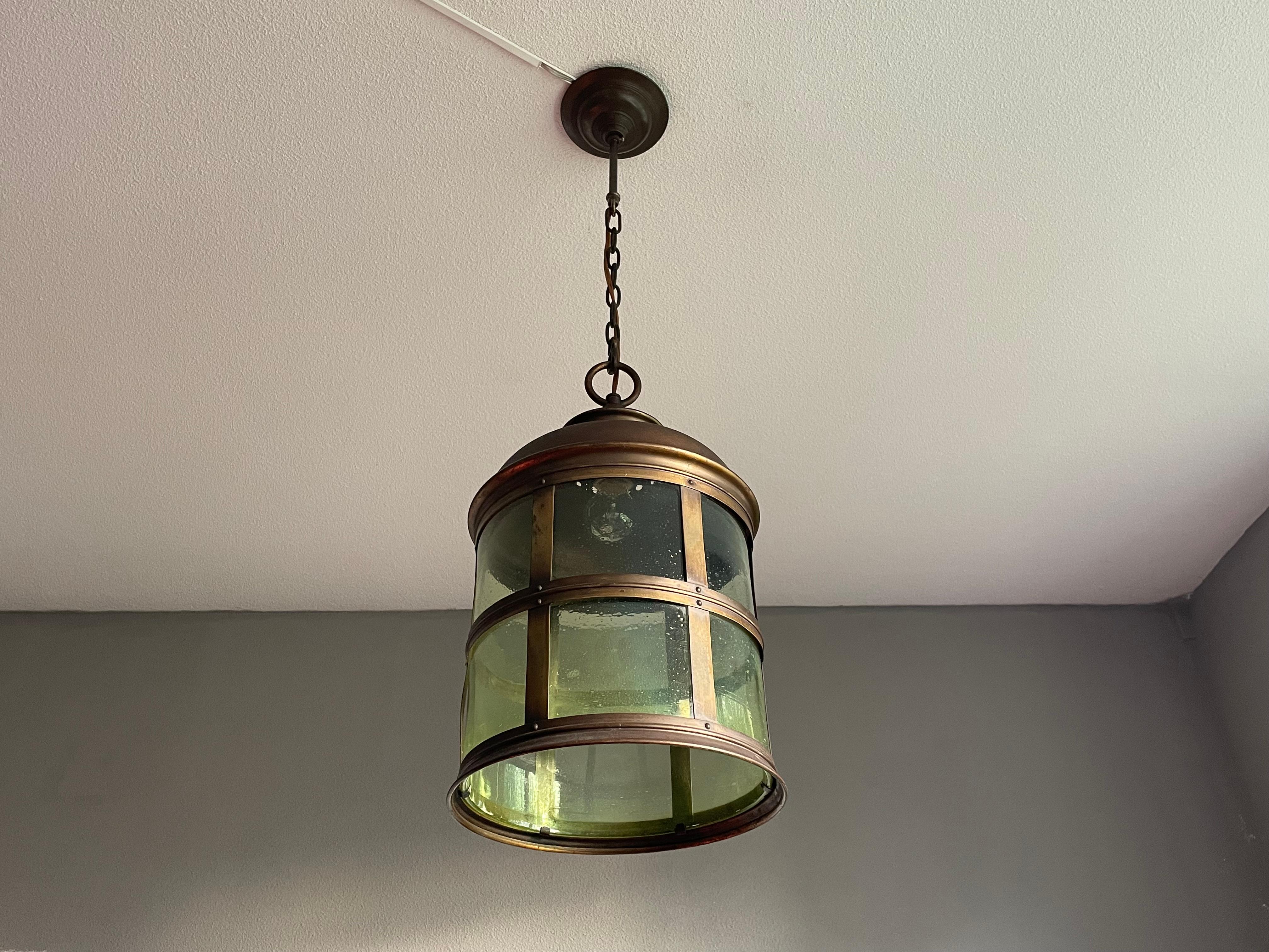 Magnificent Antique Arts & Crafts Brass & Art Glass Hall Lantern / Pendant Light For Sale 12