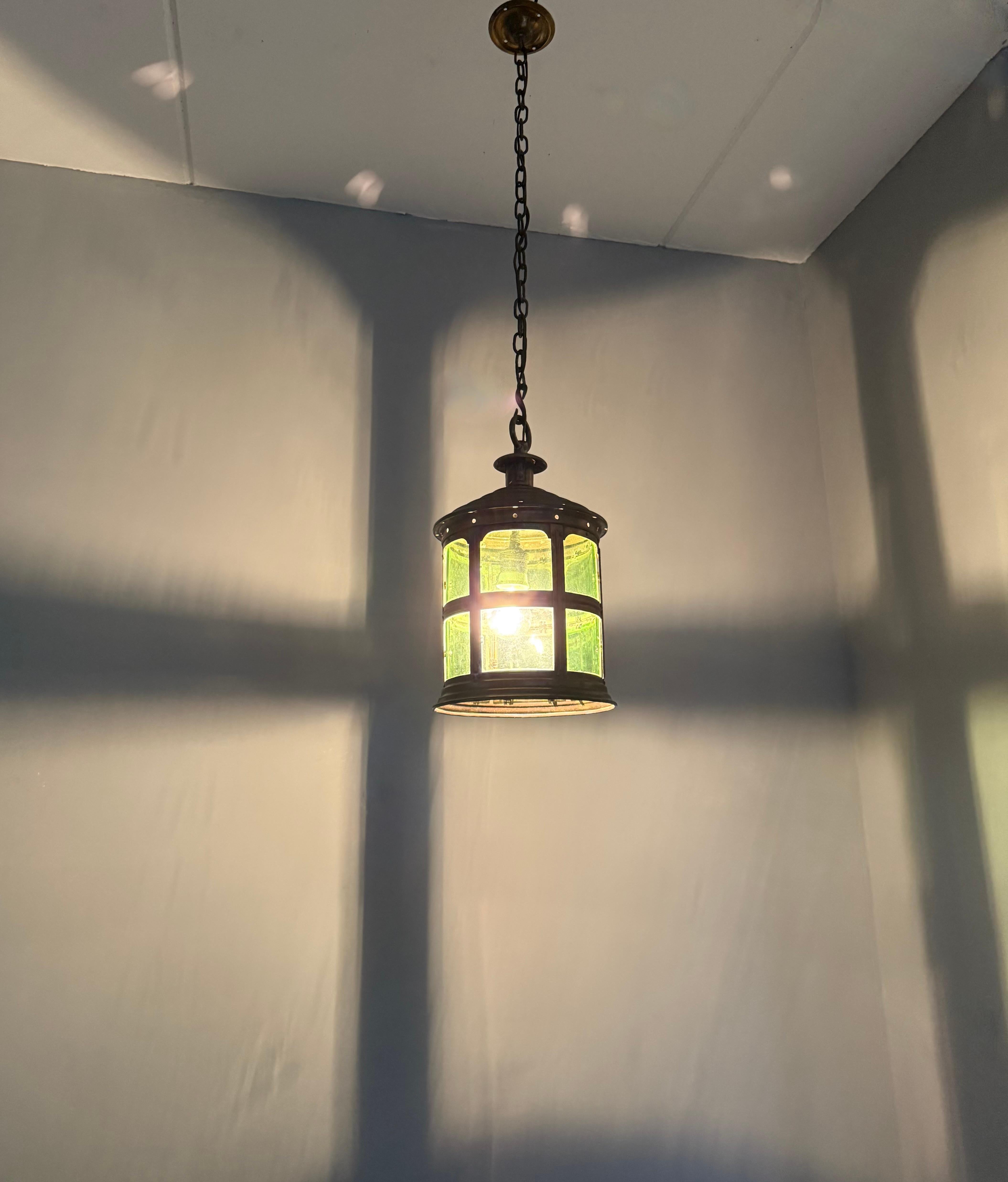 Magnificent Dutch Arts & Crafts Brass & Round Glass Hall Lantern / Pendant Light For Sale 13