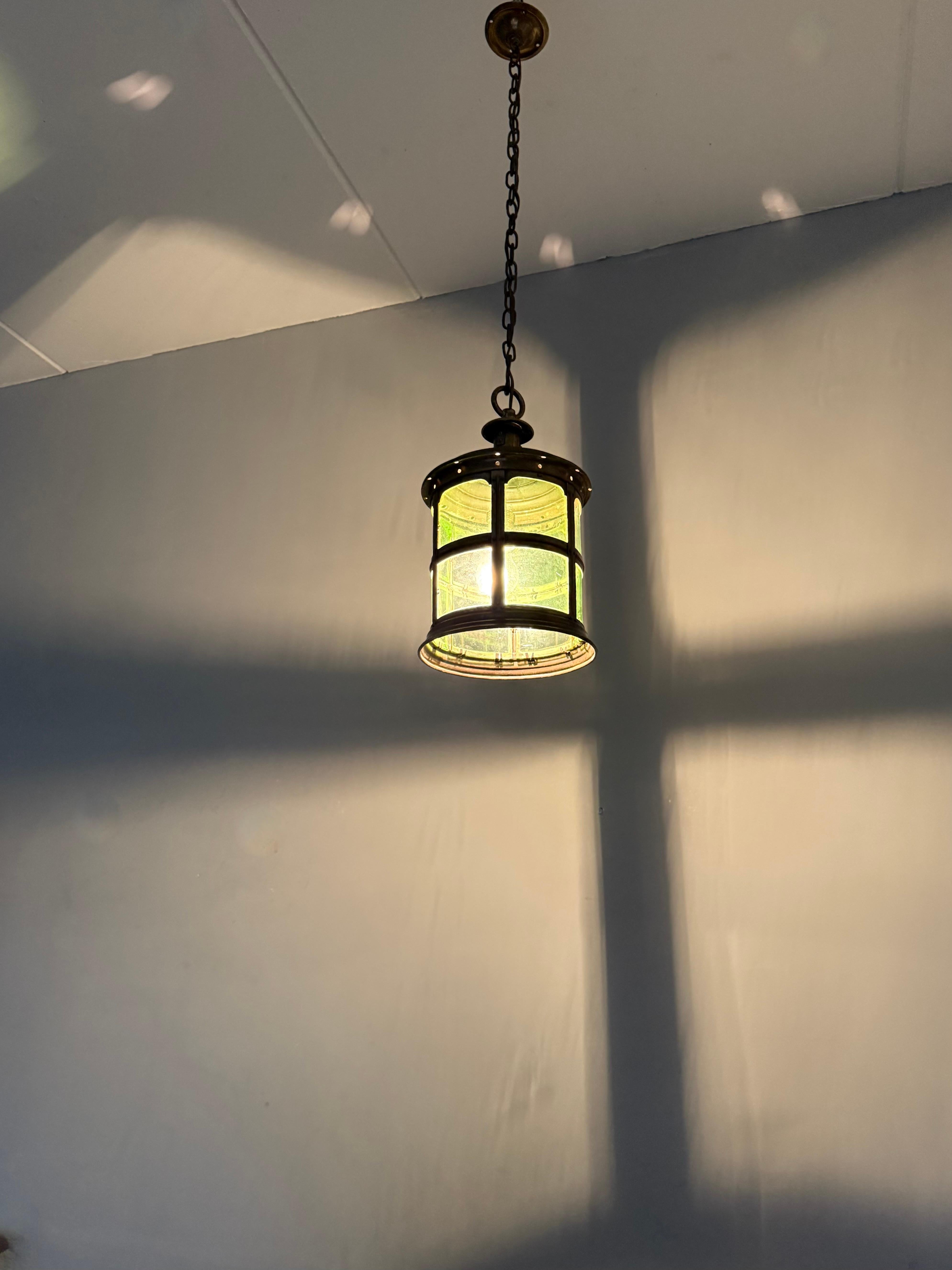 Magnificent Dutch Arts & Crafts Brass & Round Glass Hall Lantern / Pendant Light For Sale 14