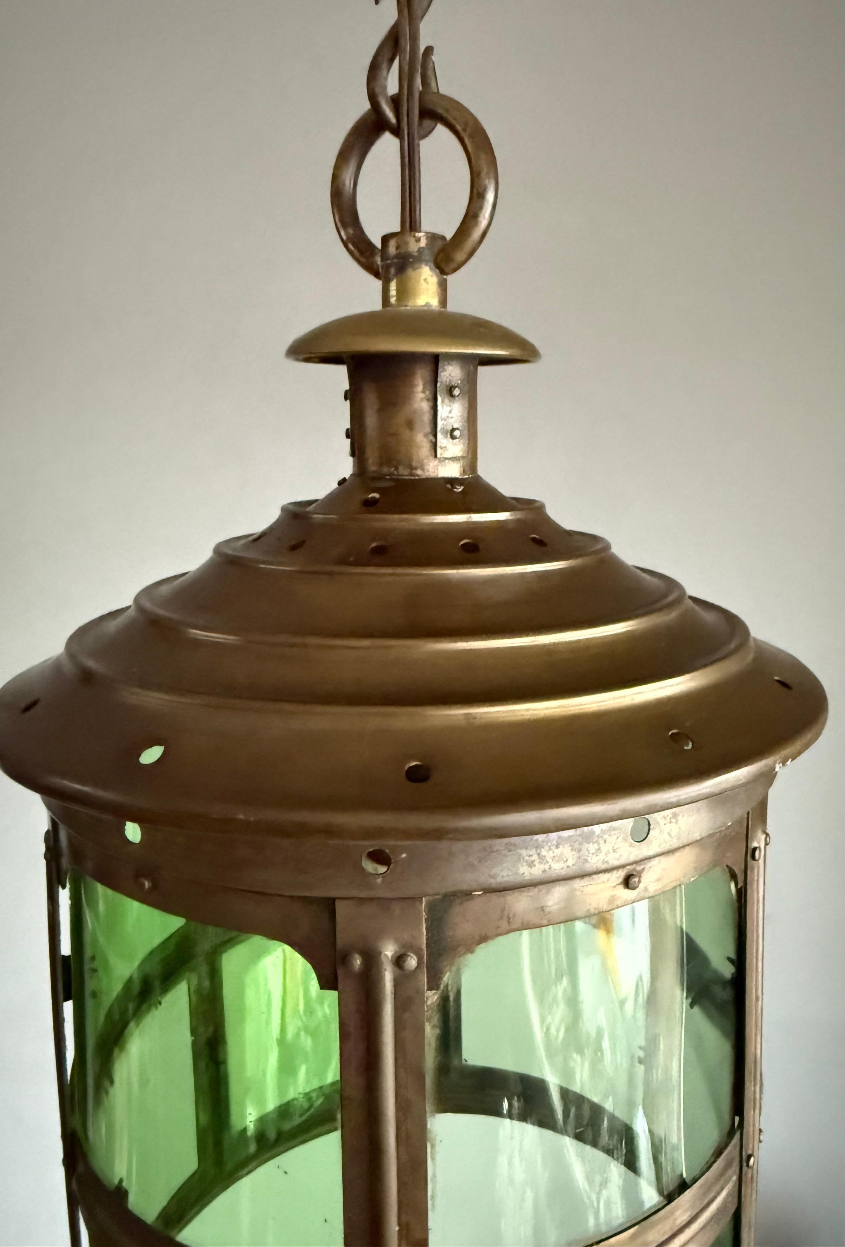 Arts and Crafts Magnificent Dutch Arts & Crafts Brass & Round Glass Hall Lantern / Pendant Light For Sale