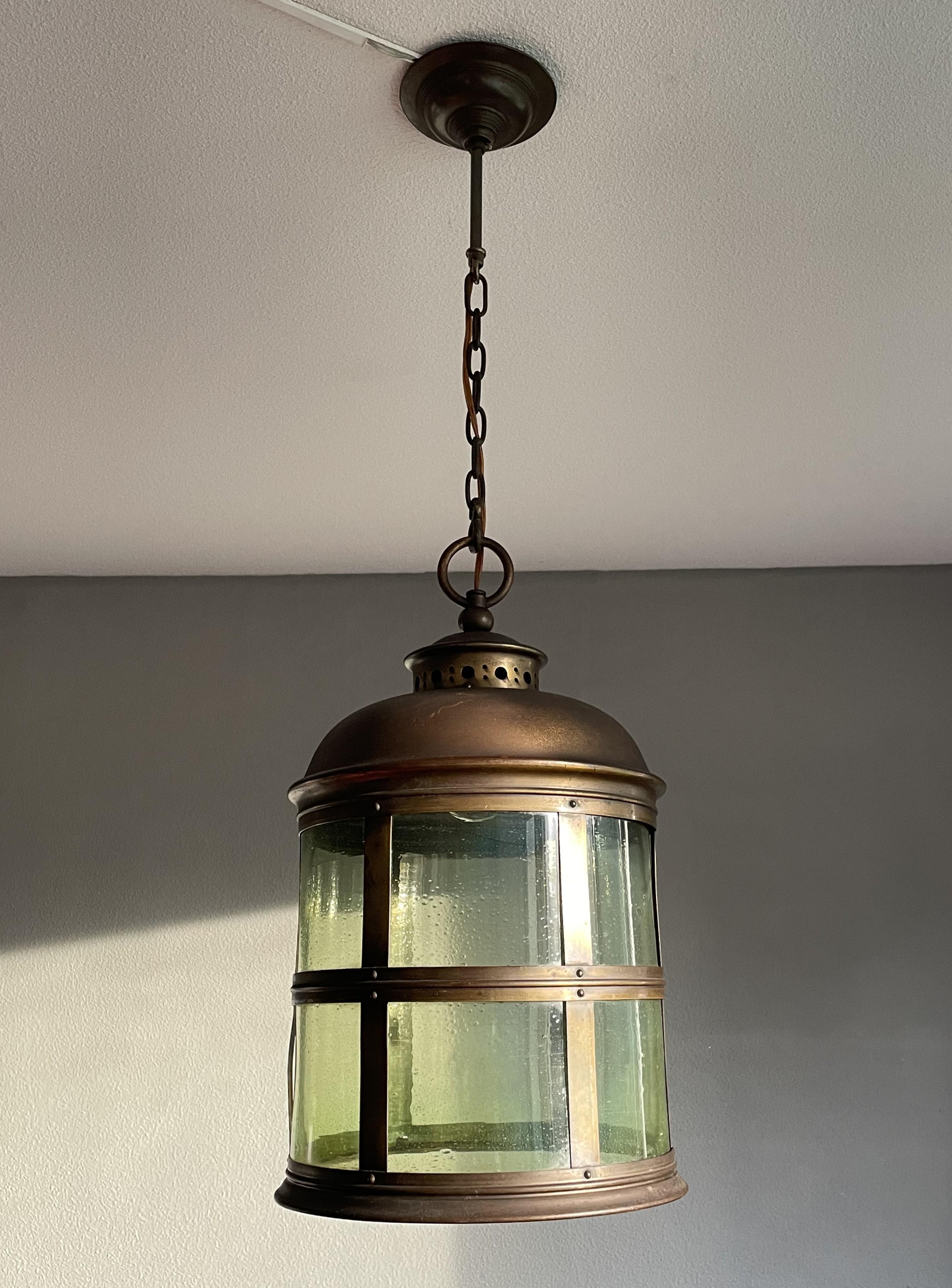 European Magnificent Antique Arts & Crafts Brass & Art Glass Hall Lantern / Pendant Light For Sale