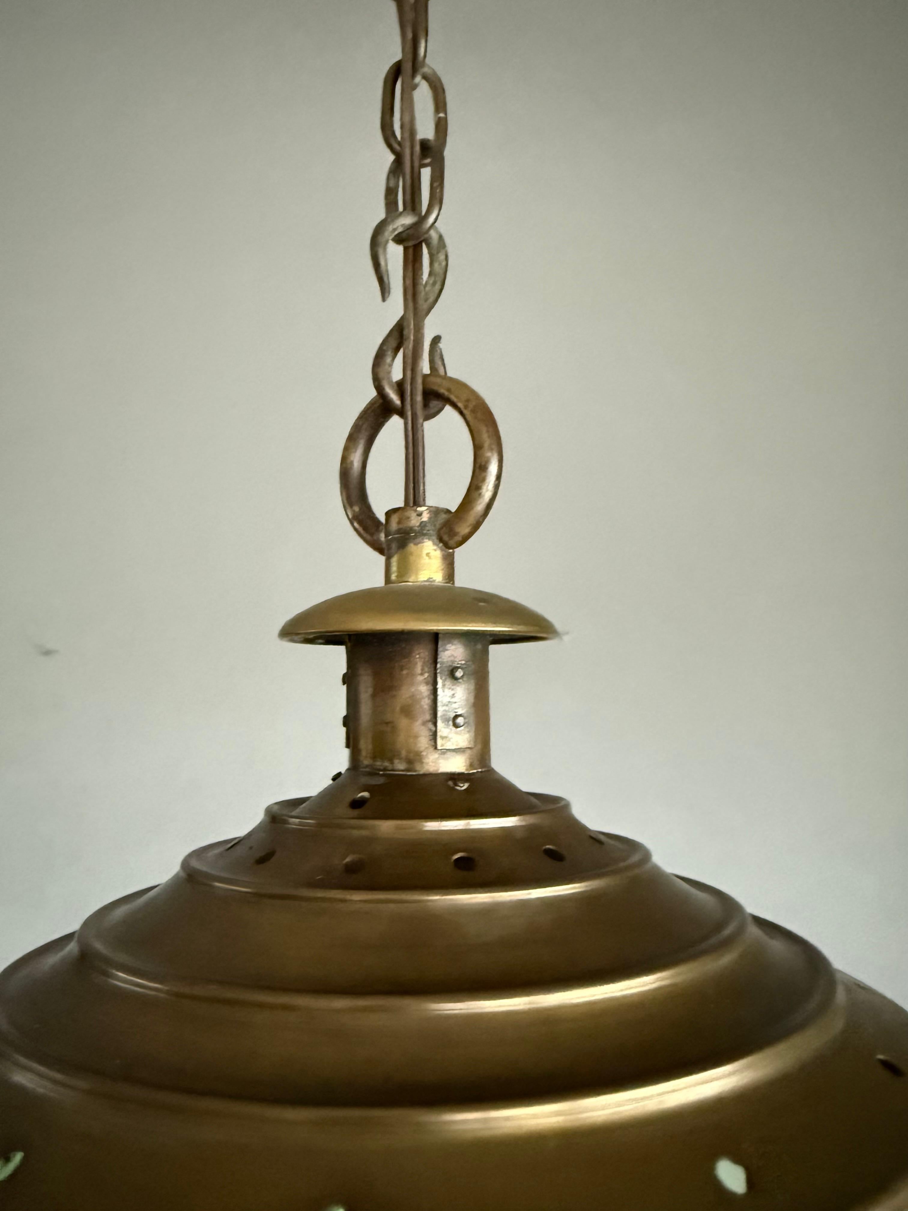 Forged Magnificent Dutch Arts & Crafts Brass & Round Glass Hall Lantern / Pendant Light For Sale