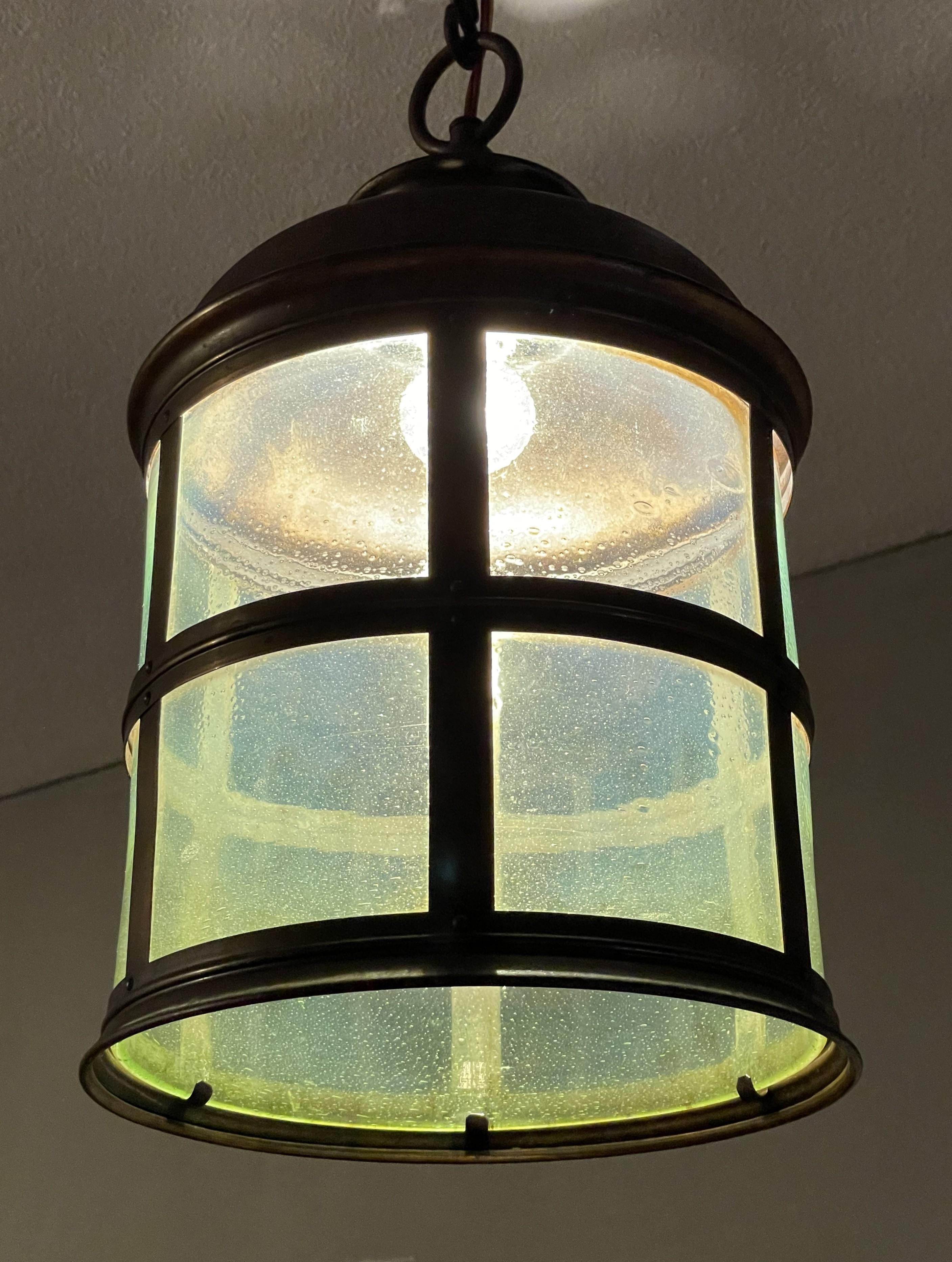 Forged Magnificent Antique Arts & Crafts Brass & Art Glass Hall Lantern / Pendant Light For Sale