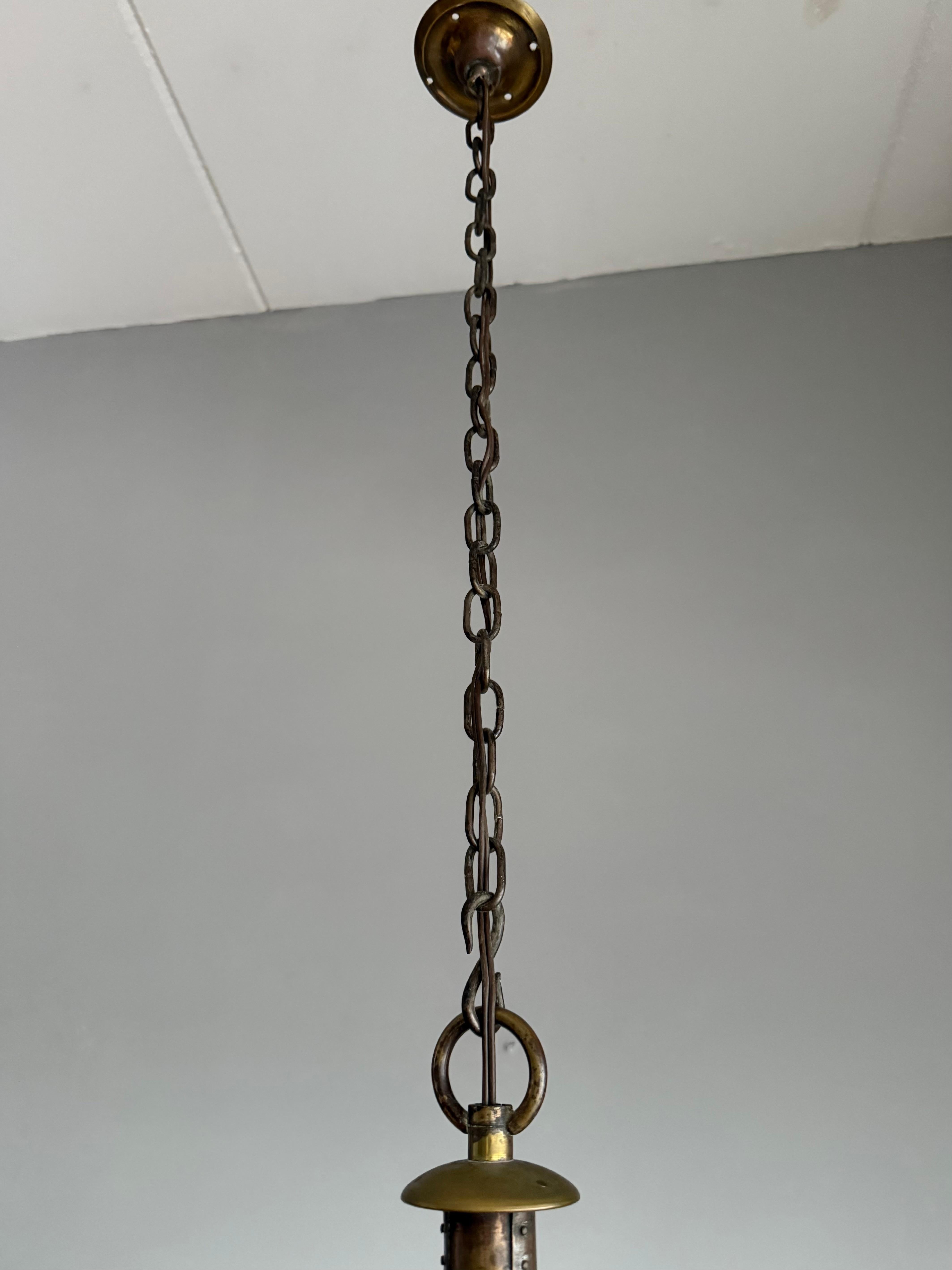 Magnificent Dutch Arts & Crafts Brass & Round Glass Hall Lantern / Pendant Light In Good Condition For Sale In Lisse, NL