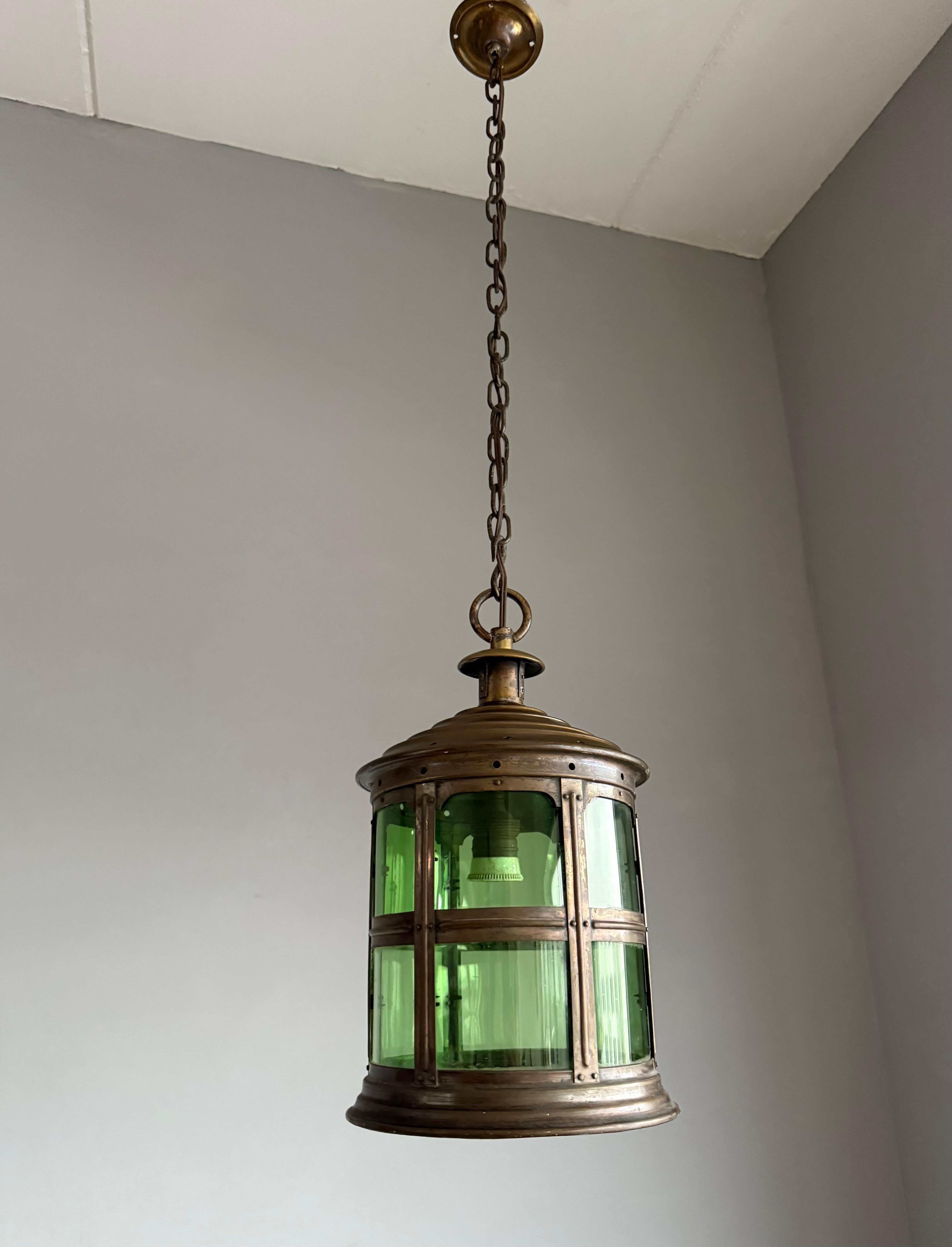 20th Century Magnificent Dutch Arts & Crafts Brass & Round Glass Hall Lantern / Pendant Light For Sale