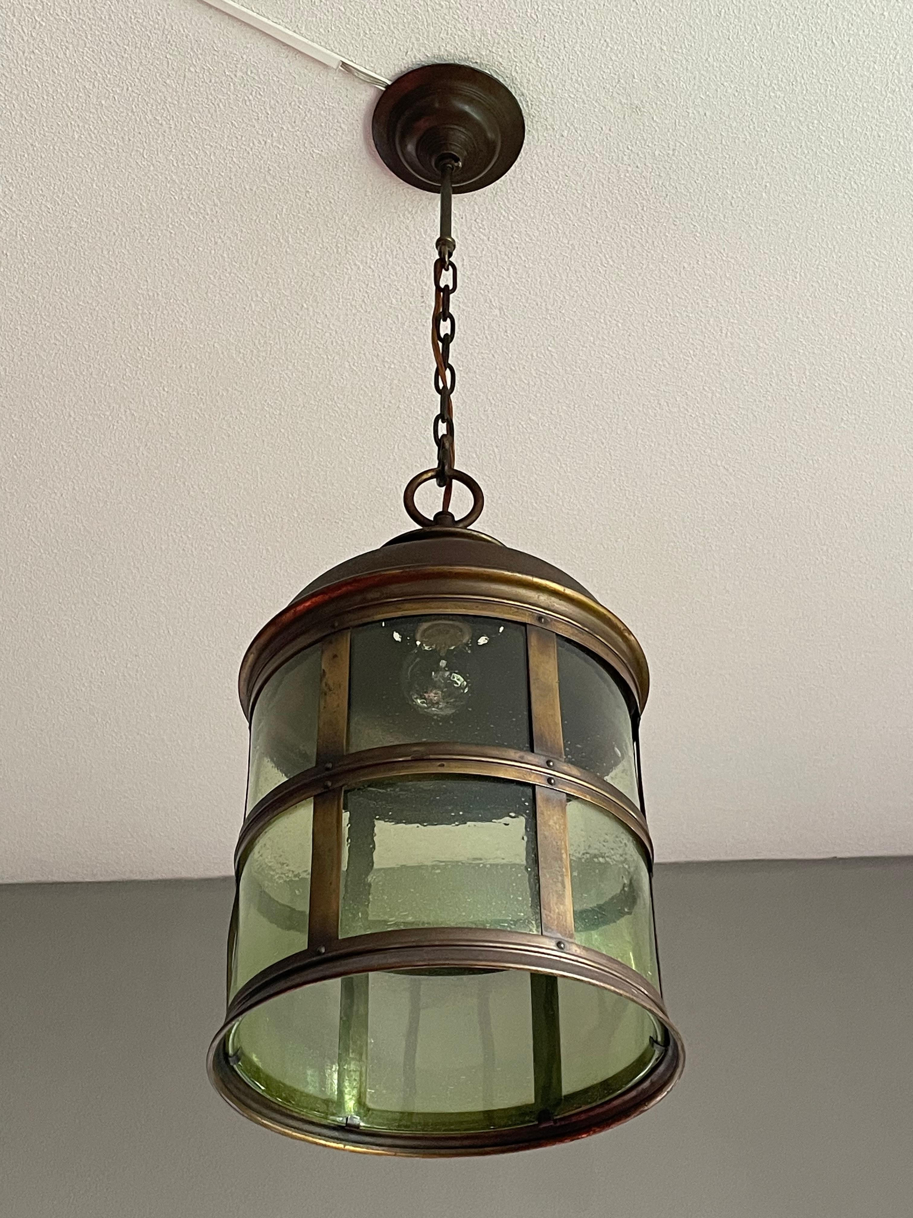 20th Century Magnificent Antique Arts & Crafts Brass & Art Glass Hall Lantern / Pendant Light For Sale