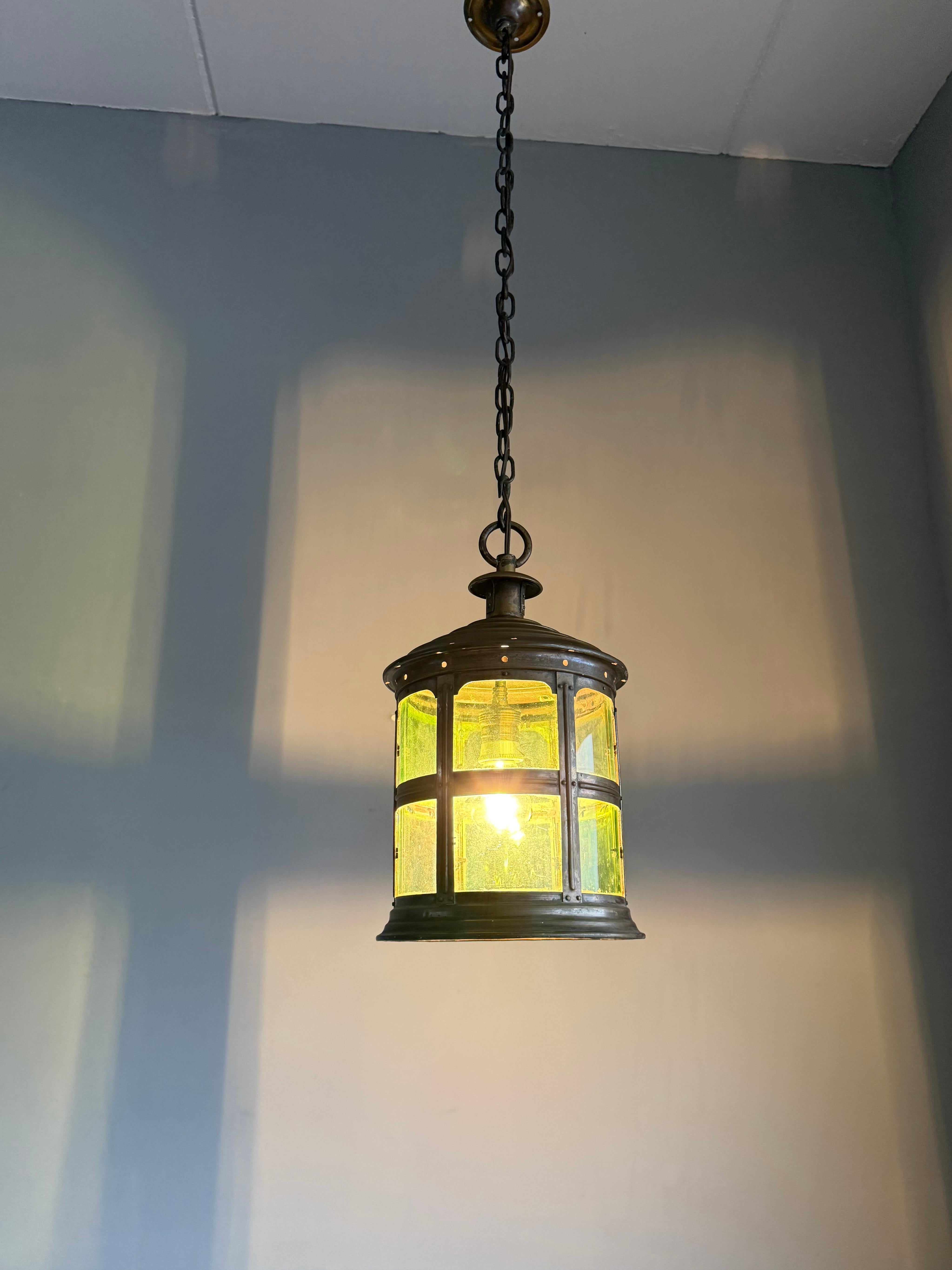 Magnificent Dutch Arts & Crafts Brass & Round Glass Hall Lantern / Pendant Light For Sale 1