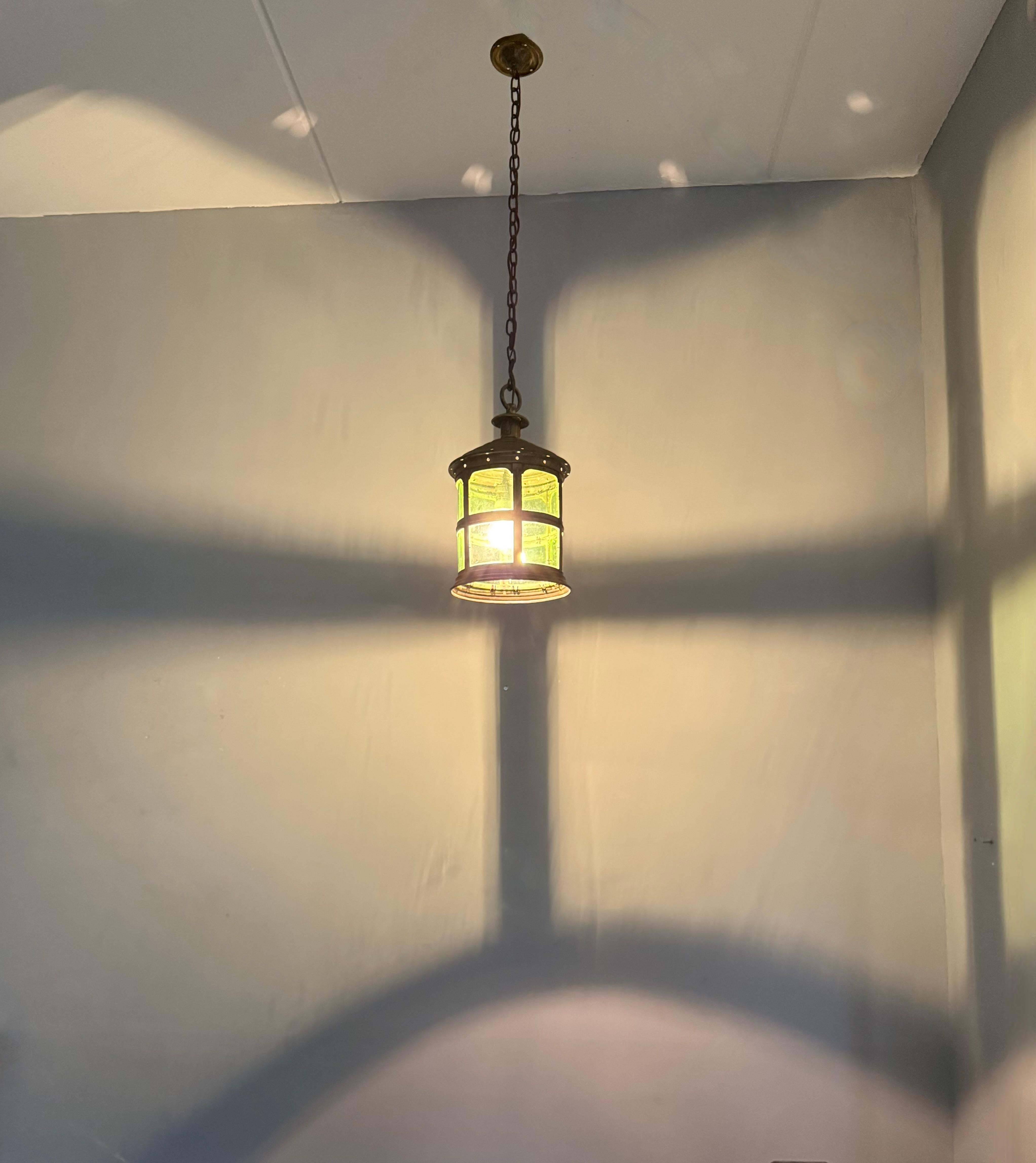Magnificent Dutch Arts & Crafts Brass & Round Glass Hall Lantern / Pendant Light For Sale 2