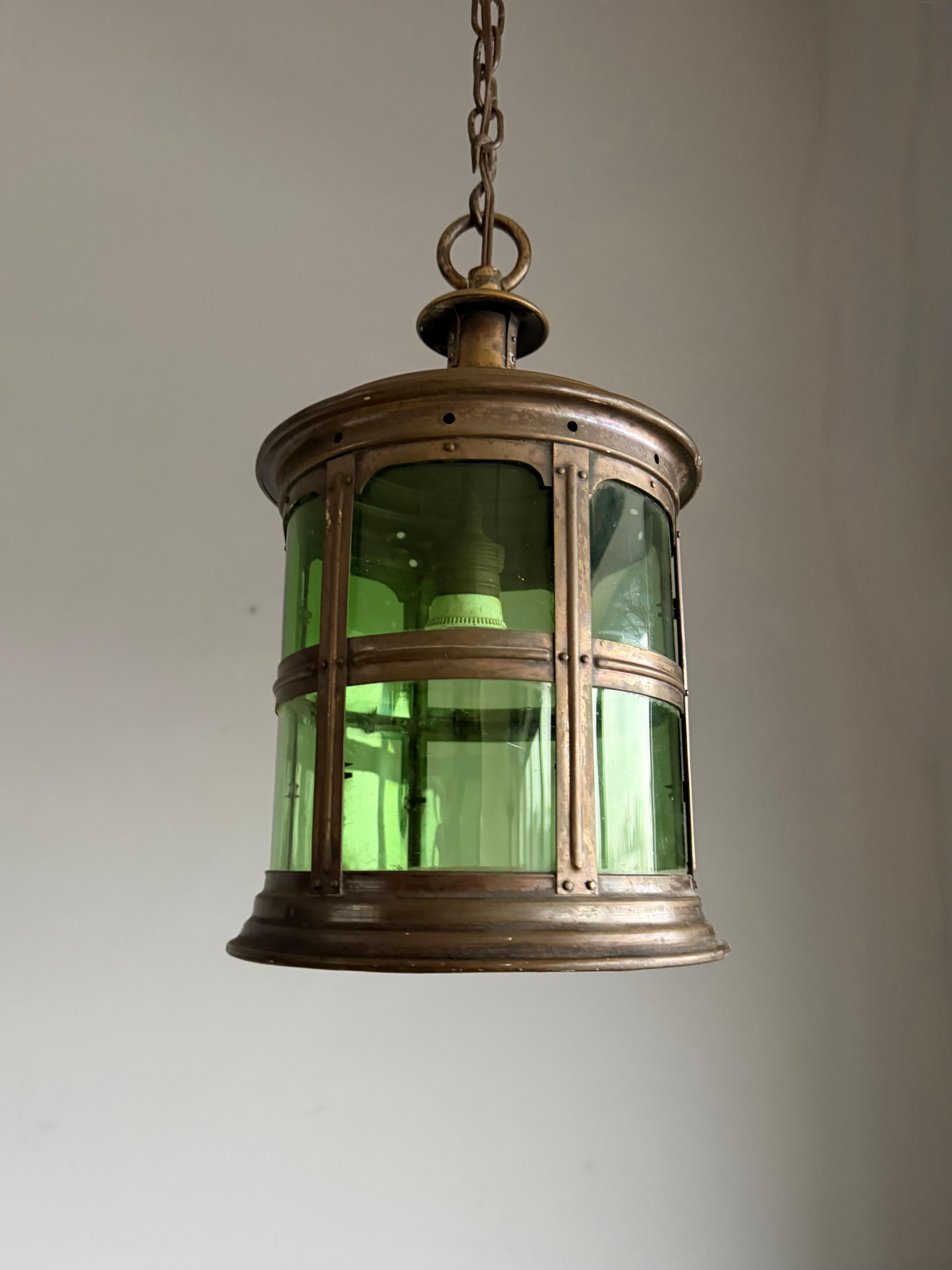 Magnificent Dutch Arts & Crafts Brass & Round Glass Hall Lantern / Pendant Light For Sale 3