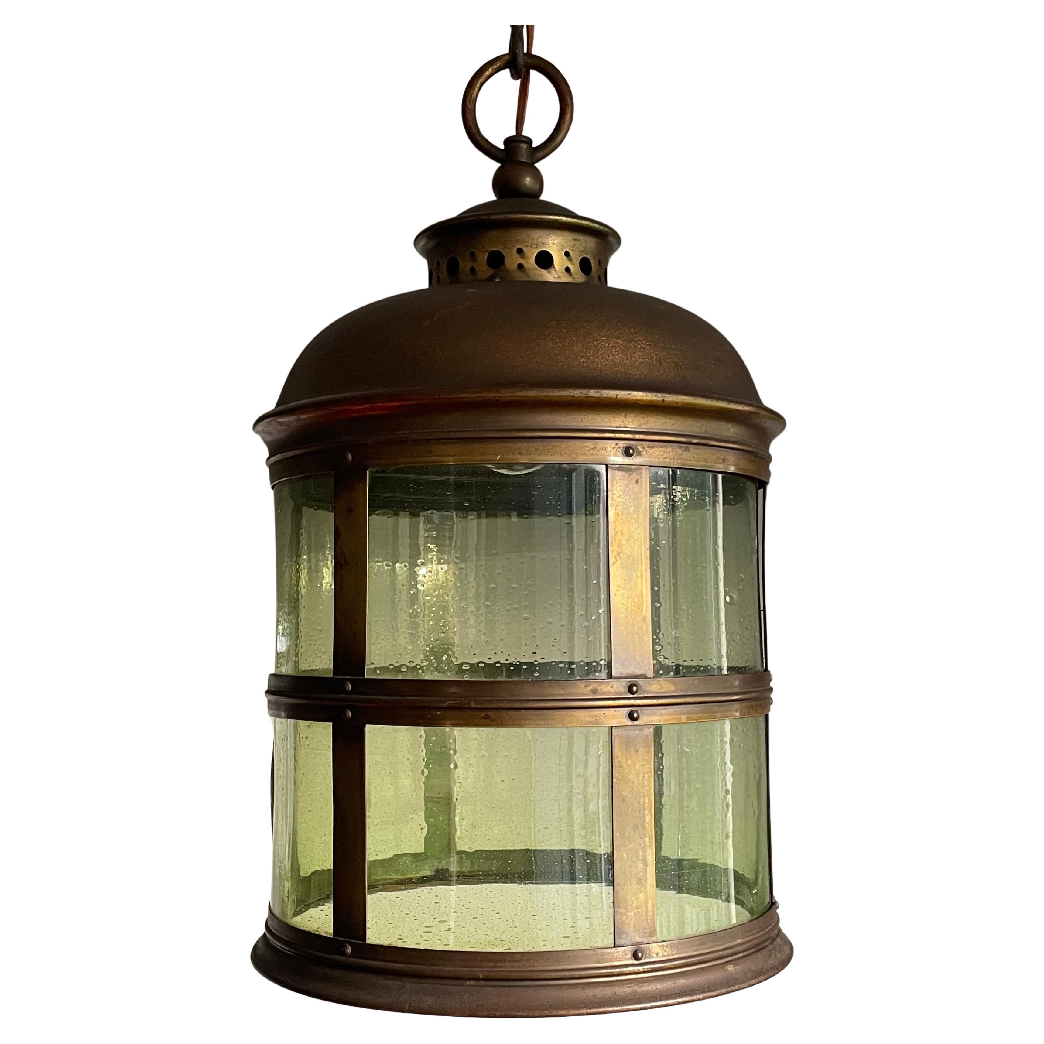 Magnificent Antique Arts & Crafts Brass & Art Glass Hall Lantern / Pendant Light For Sale