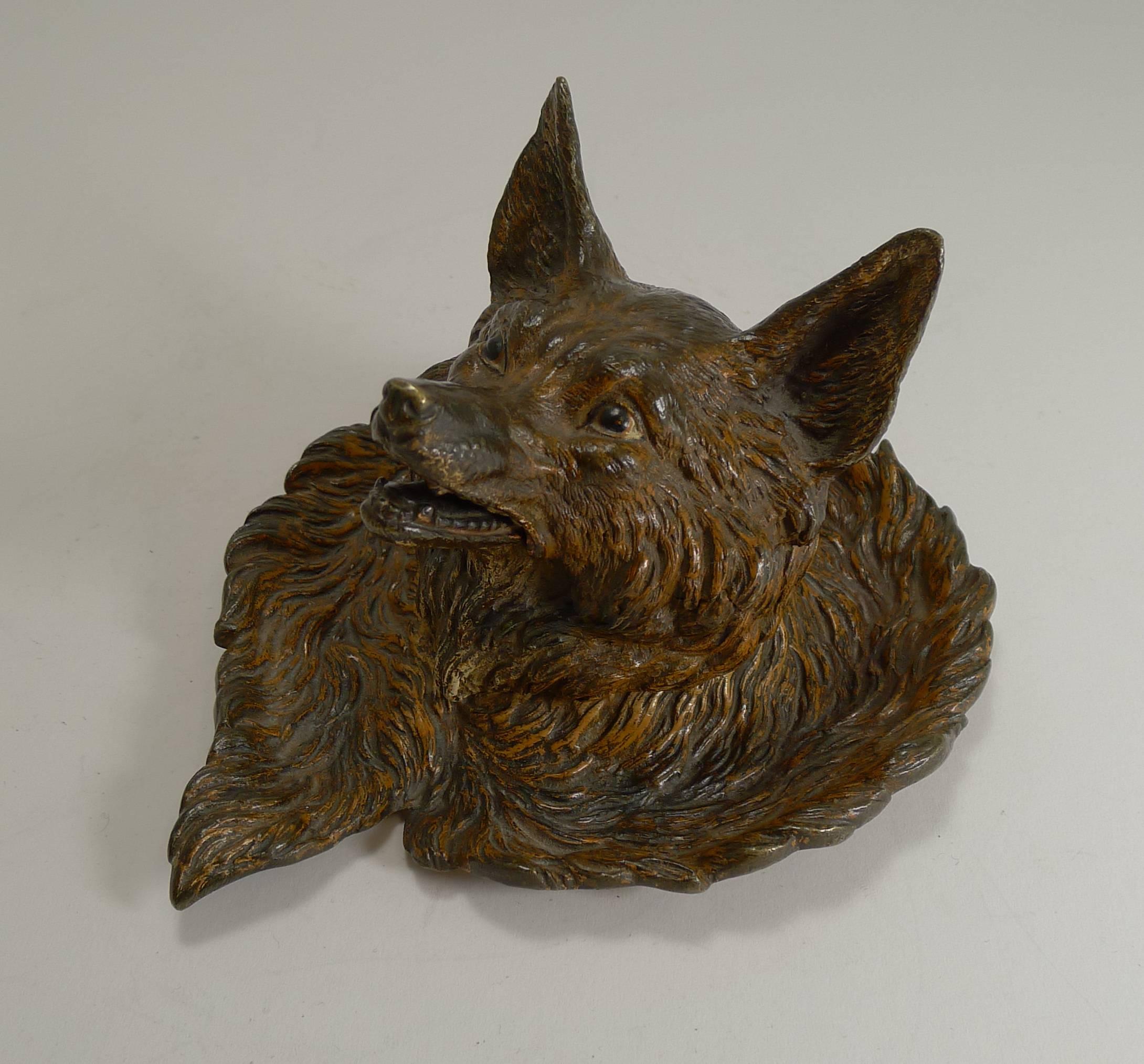 Edwardian Magnificent Antique Cold Painted Vienna Bronze Inkwell, Fox, circa 1900