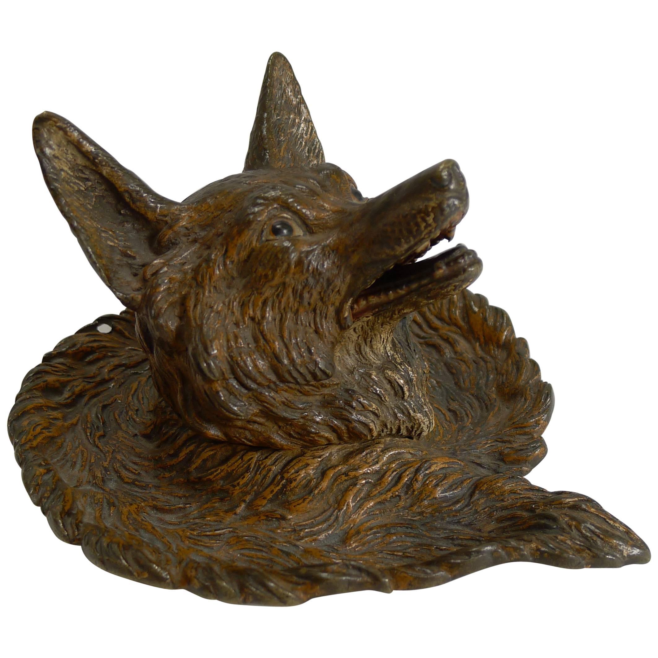 Magnifique encrier ancien en bronze peint à froid de Vienne:: Renard:: circa 1900