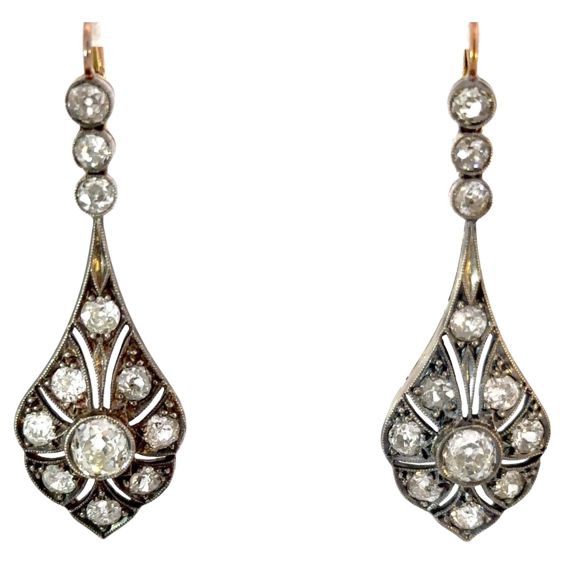Magnificent Antique Diamond Drop Earrings, 5.50ctw Old Cuts in Silver & Gold For Sale