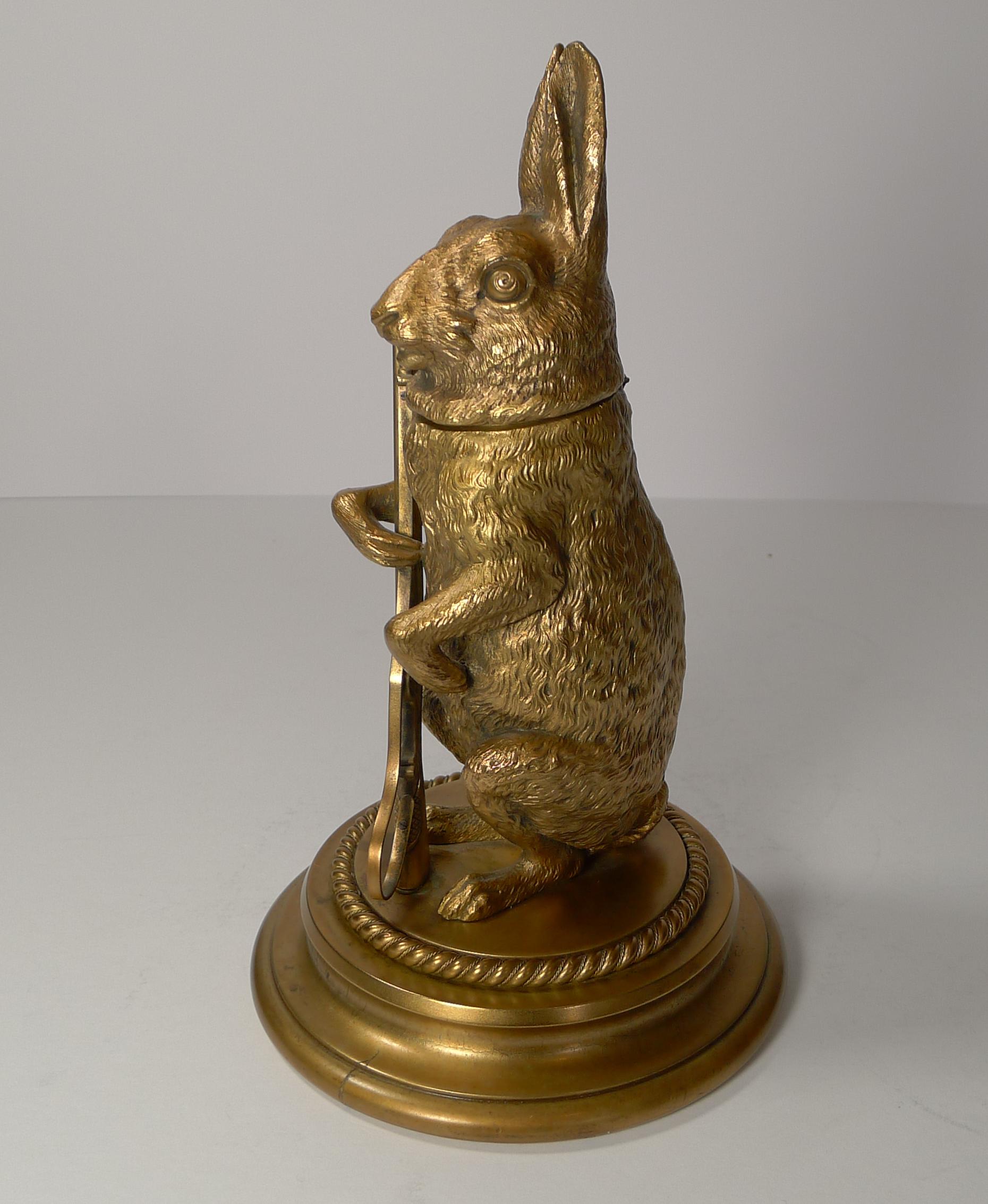 Magnificent Antique English Gilded Bronze Hare Inkwell, circa 1880 In Good Condition For Sale In Bath, GB