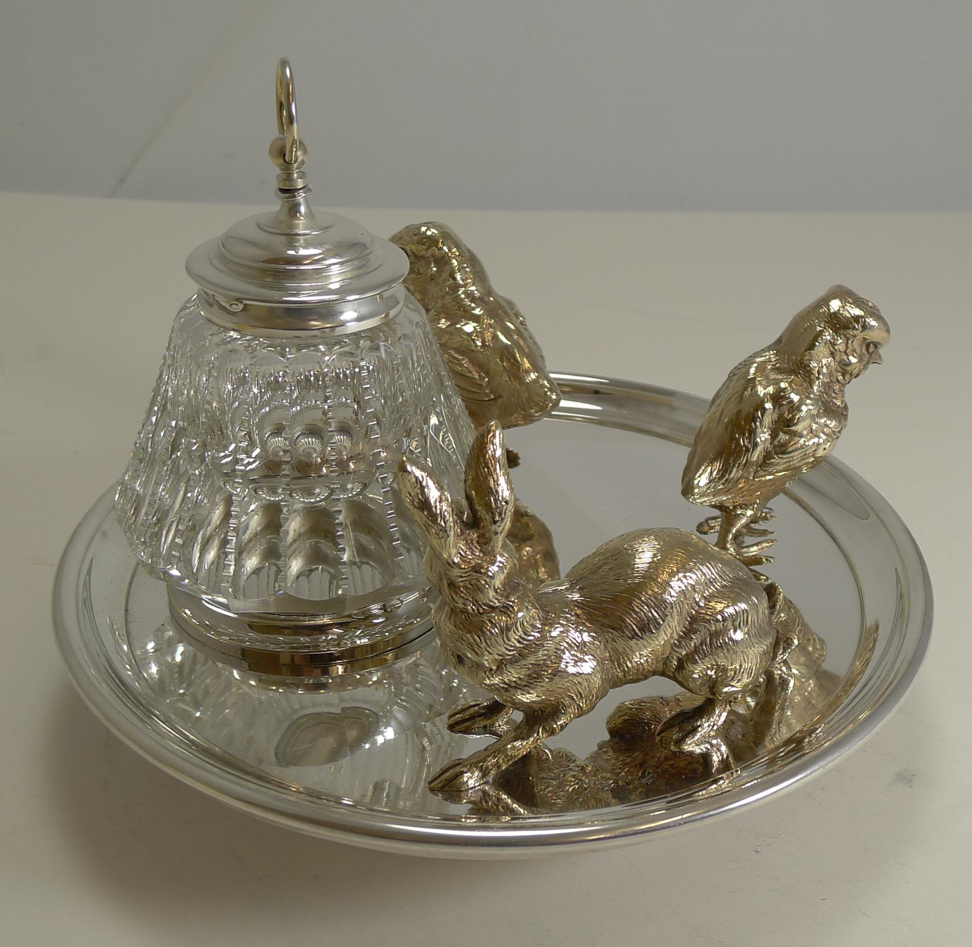 Late 19th Century Magnificent Antique English Inkwell / Rabbit and Chicks, circa 1890