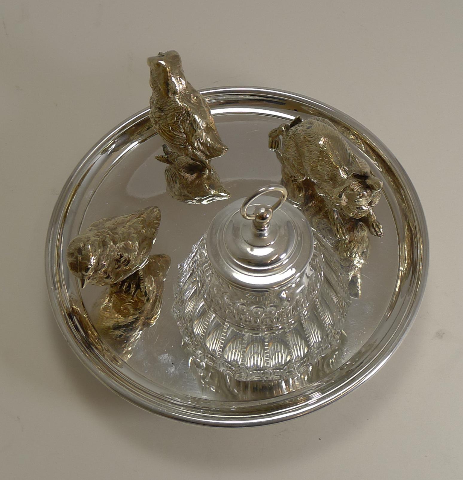 Metal Magnificent Antique English Inkwell / Rabbit and Chicks, circa 1890