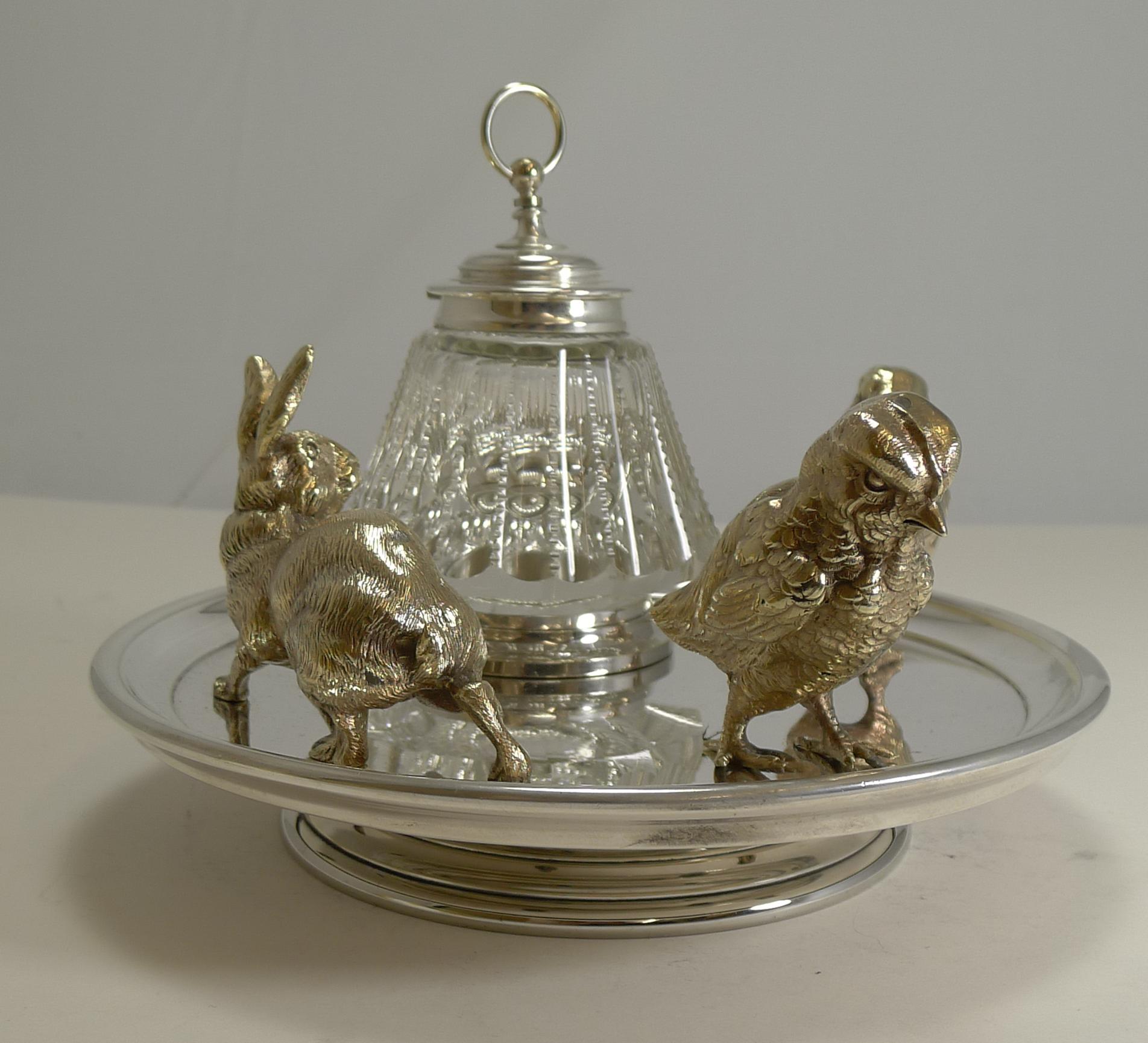 Magnificent Antique English Inkwell / Rabbit and Chicks, circa 1890 1