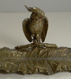 Magnificent Antique English Novelty Inkwell / Pen Tray - Parrot With Glass Eyes