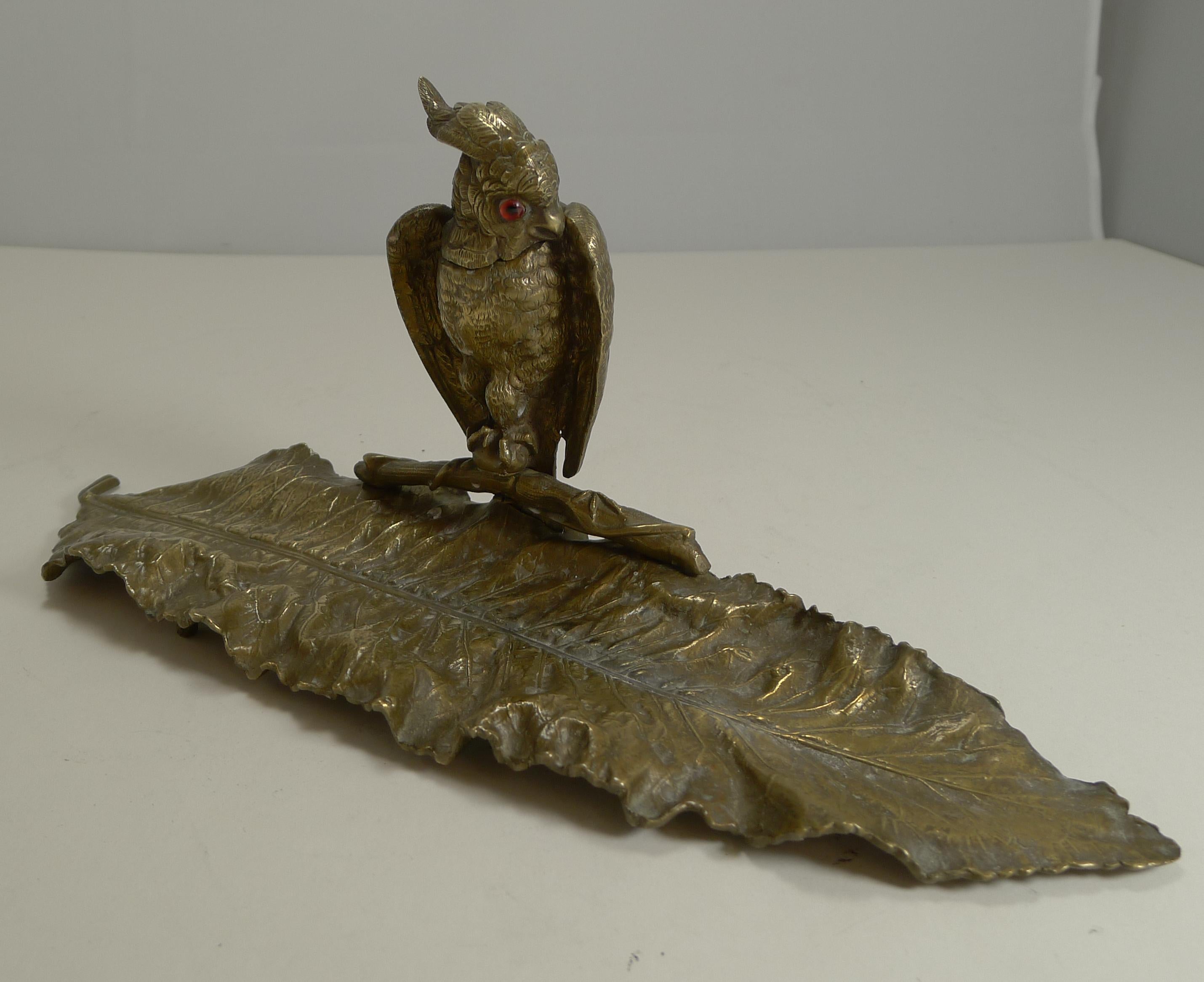 Brass Magnificent Antique English Novelty Inkwell / Pen Tray - Parrot With Glass Eyes For Sale