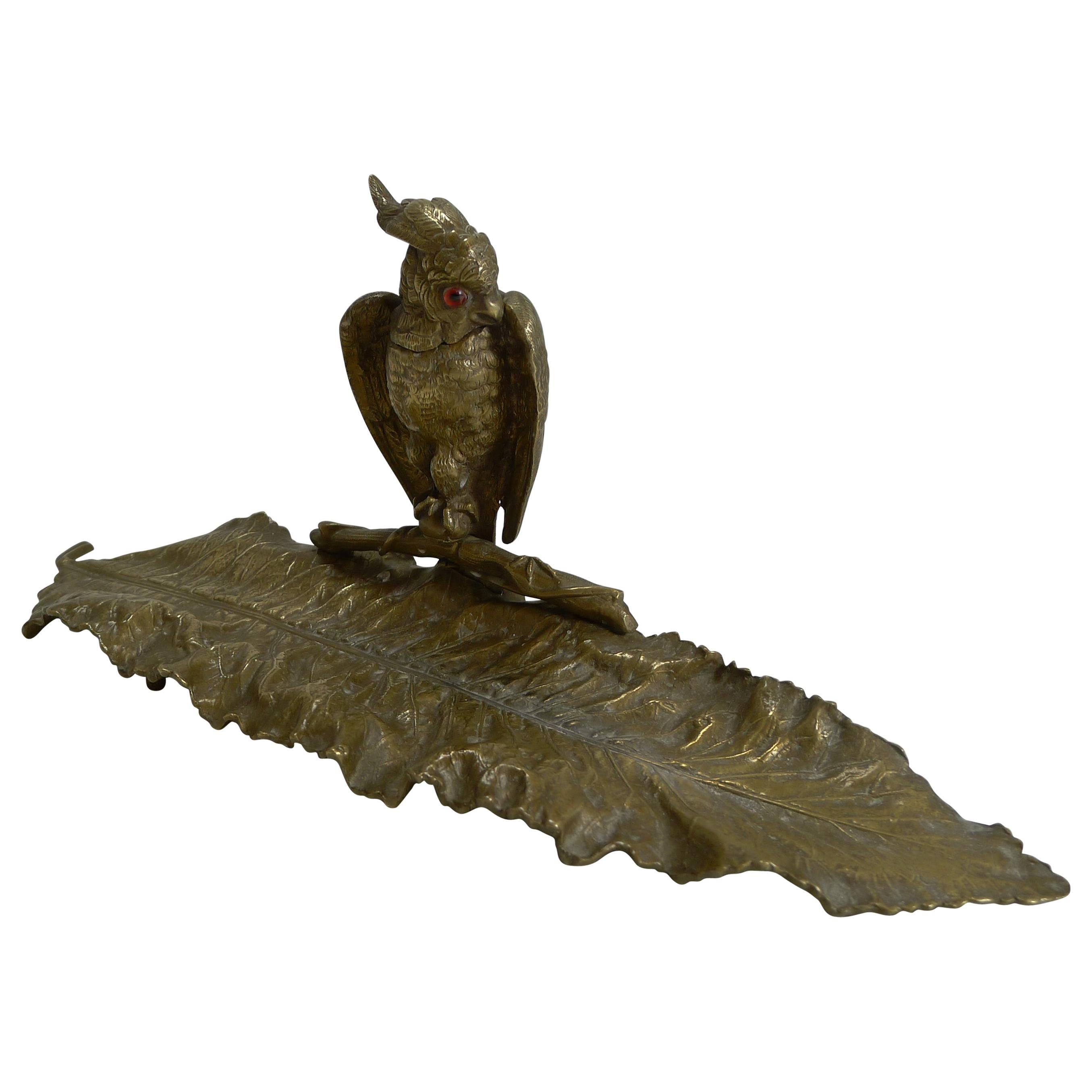 Magnificent Antique English Novelty Inkwell / Pen Tray - Parrot With Glass Eyes For Sale