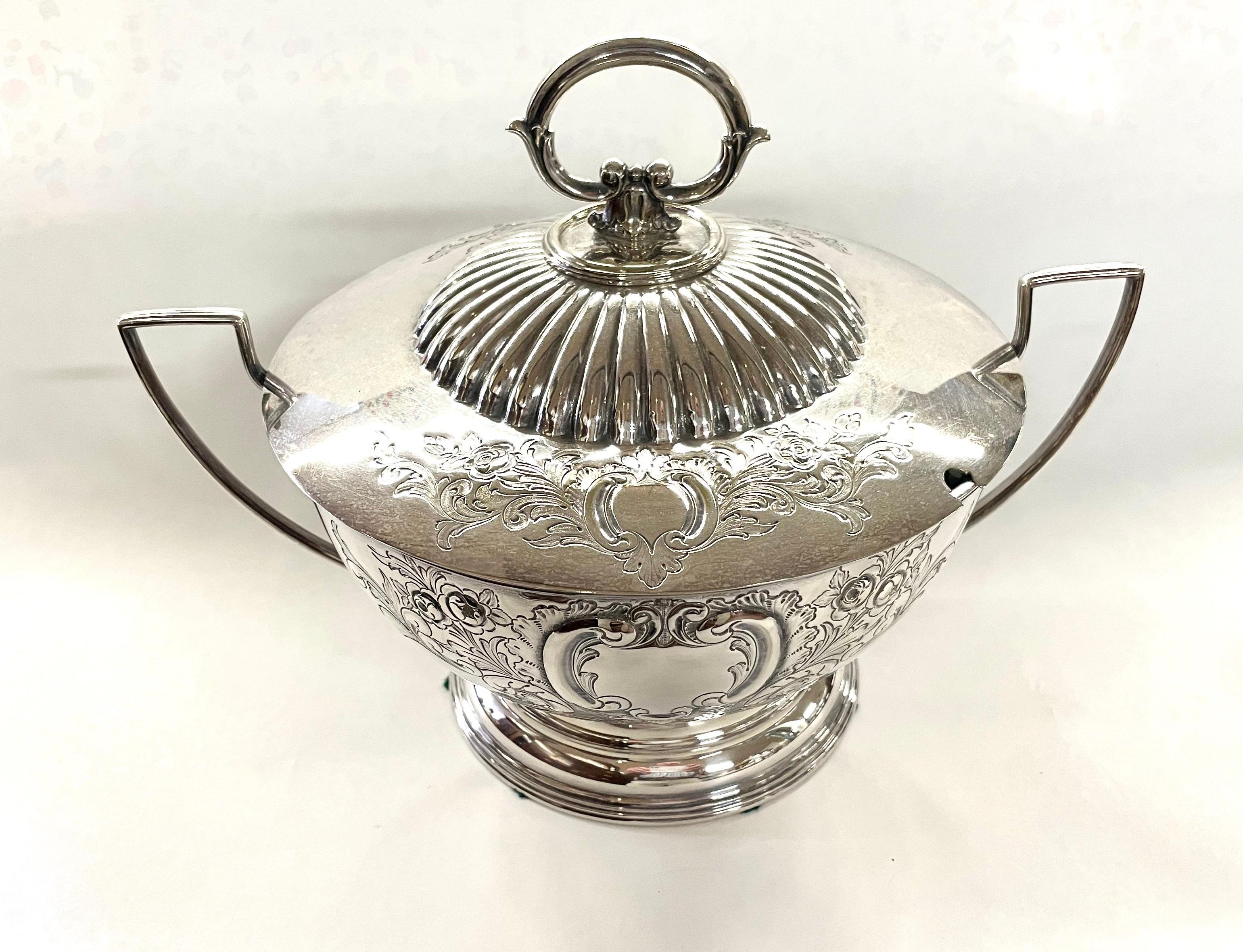 Hand-Crafted Magnificent Antique English Sheffield Silver Plate Hand Chased Soup Tureen For Sale