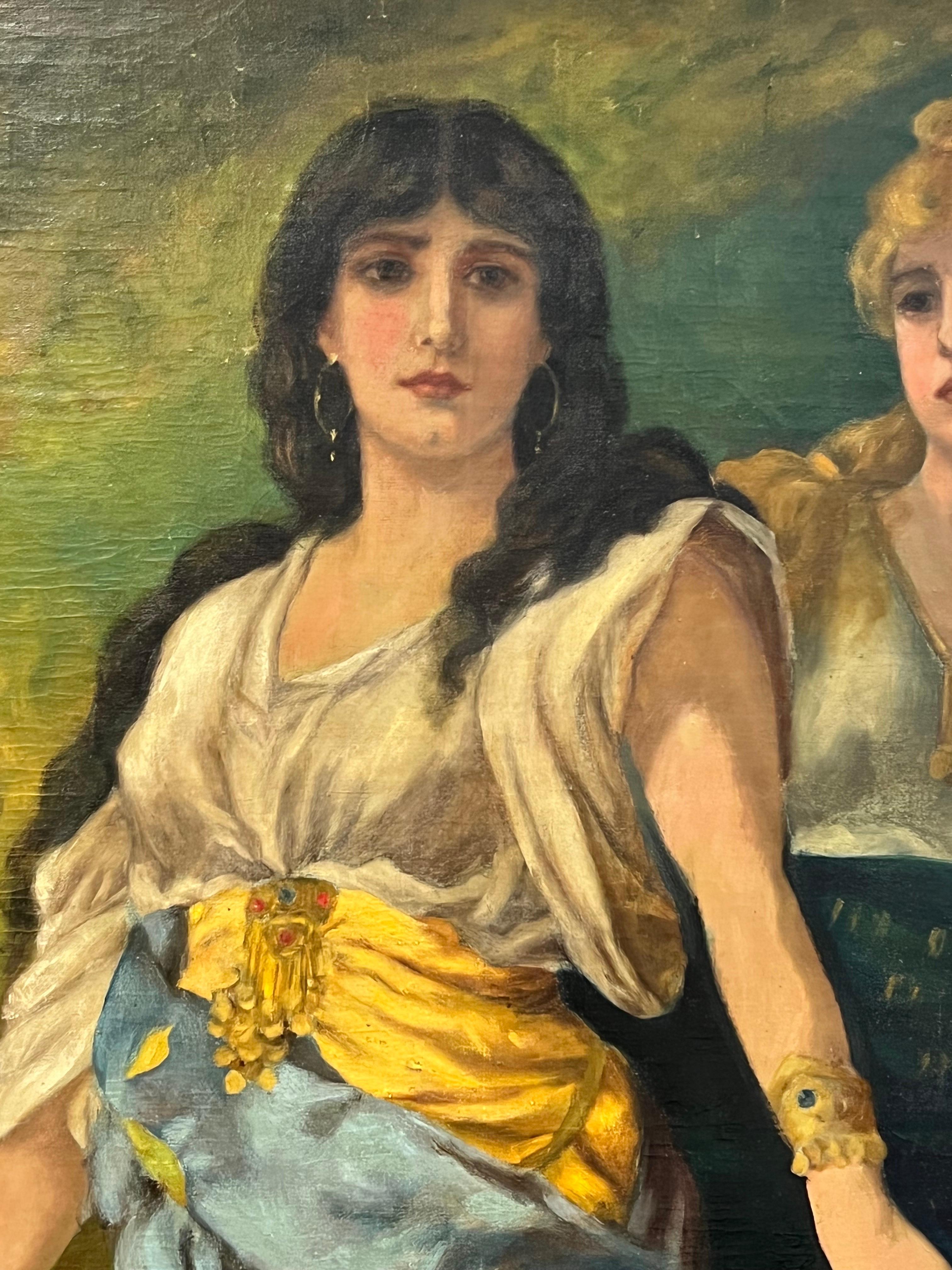 Stunning large scale antique portrait painting of two woman. The brunette woman is dressed elaborately in a blue sari wrap over a white blouse. She is holding a jeweled sword. The other woman is dressed in a much simpler dress.
Although there is no