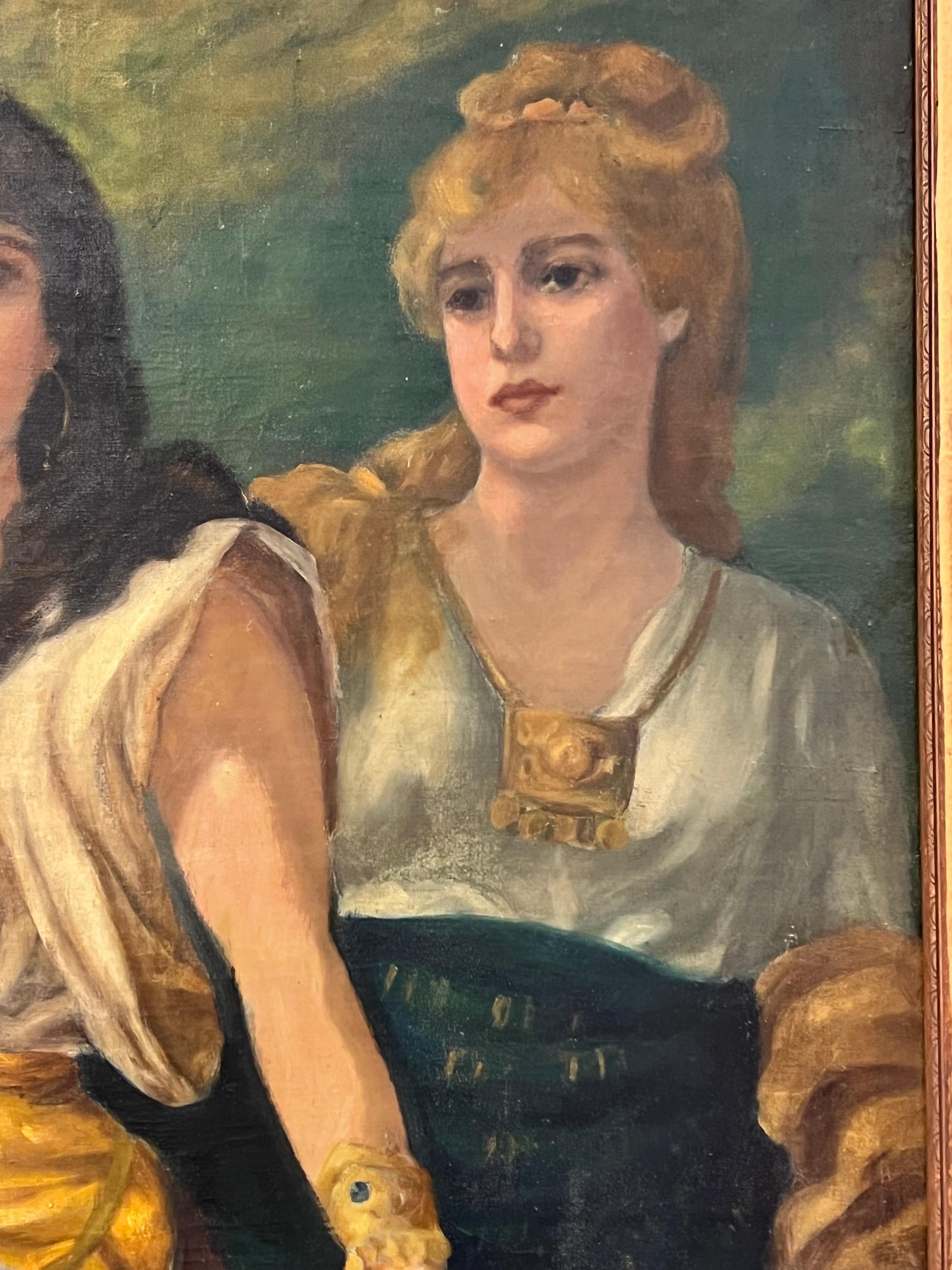 Magnificent Antique Extra Large Original Painting of Two Woman Oil on Board In Good Condition In West Hartford, CT