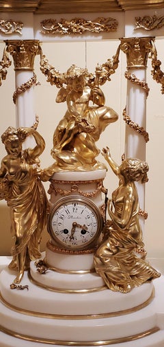 Magnificent Antique French Louis XVI Carrara Marble Bronze Dore Mounted Clock