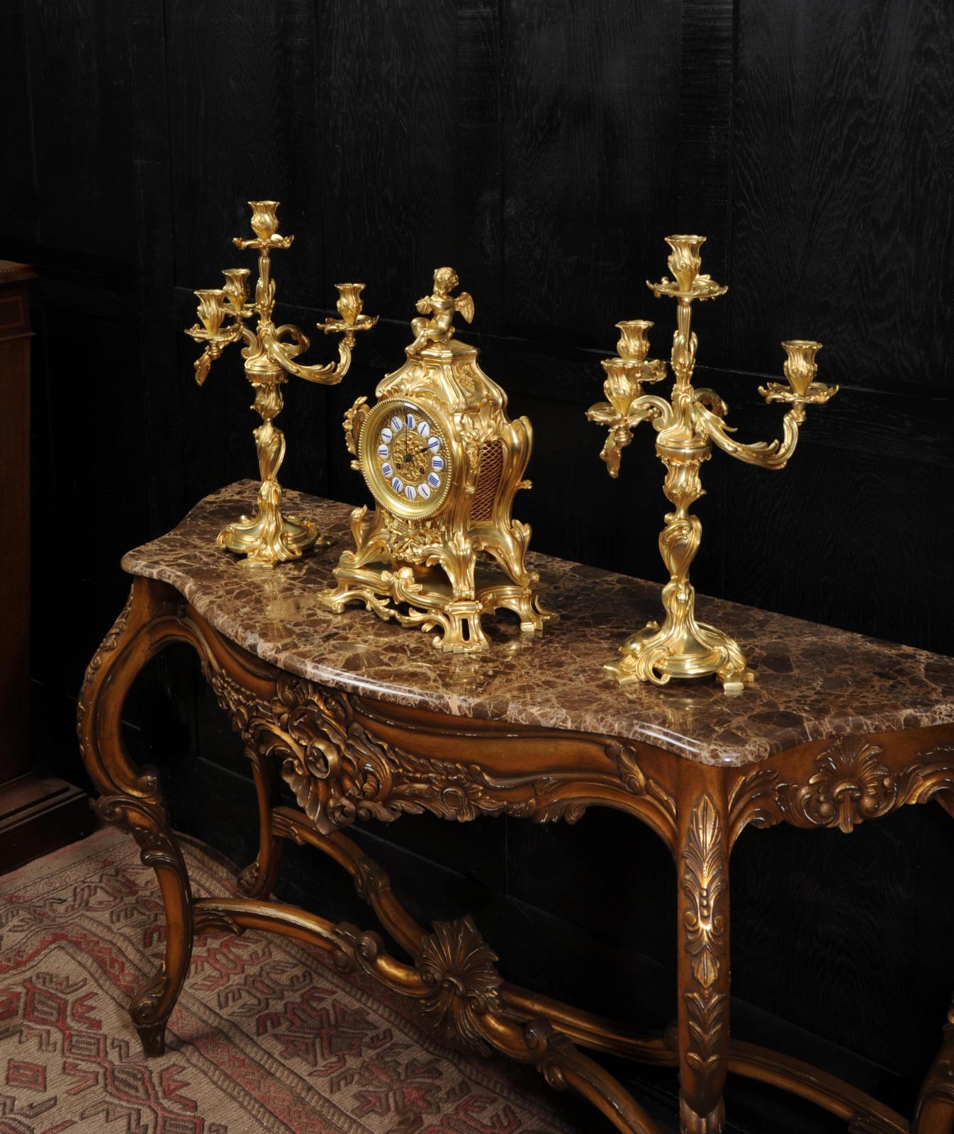 Magnificent Antique French Rococo Clock Set After Meissonnier 3