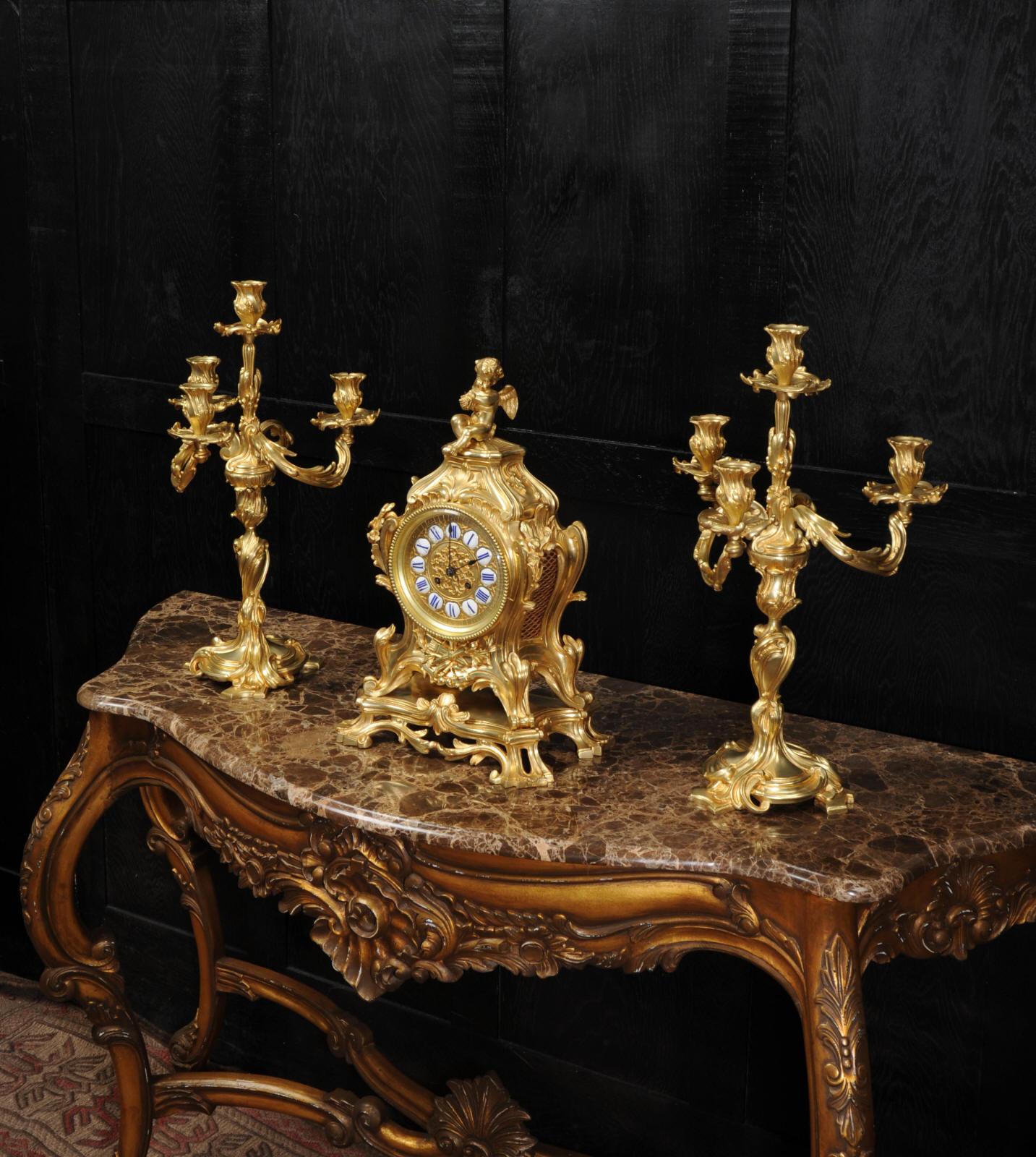 19th Century Magnificent Antique French Rococo Clock Set After Meissonnier